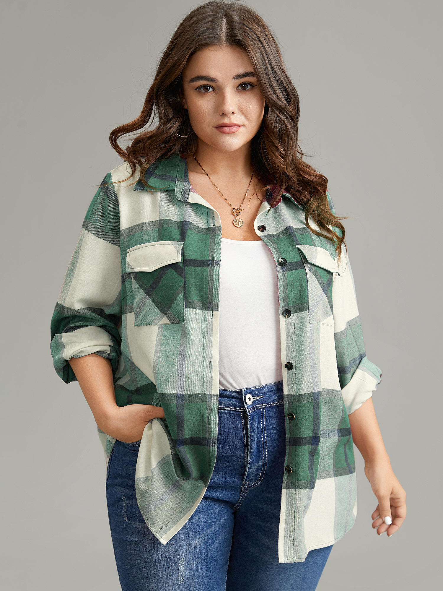 

Plus Size Plaid Shirt Collar Button Through Flap Detail Blouse DarkGreen Long Sleeve Shirt collar Casual Shirts