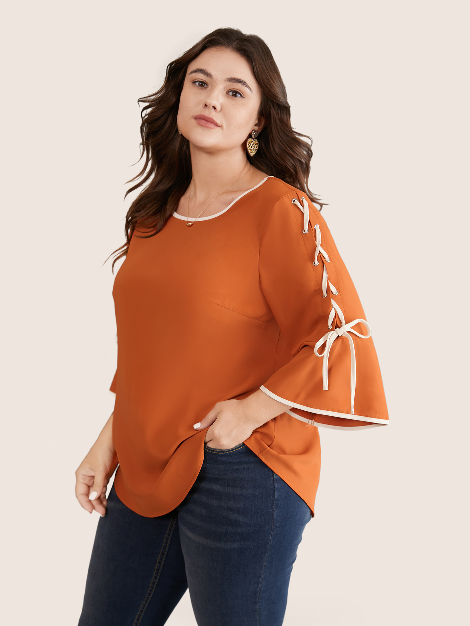 

Plus Size Rust Static-Free Contrast Trim Ties Bell Sleeve Blouse Women Office Elbow-length sleeve Round Neck Work Blouses BloomChic
