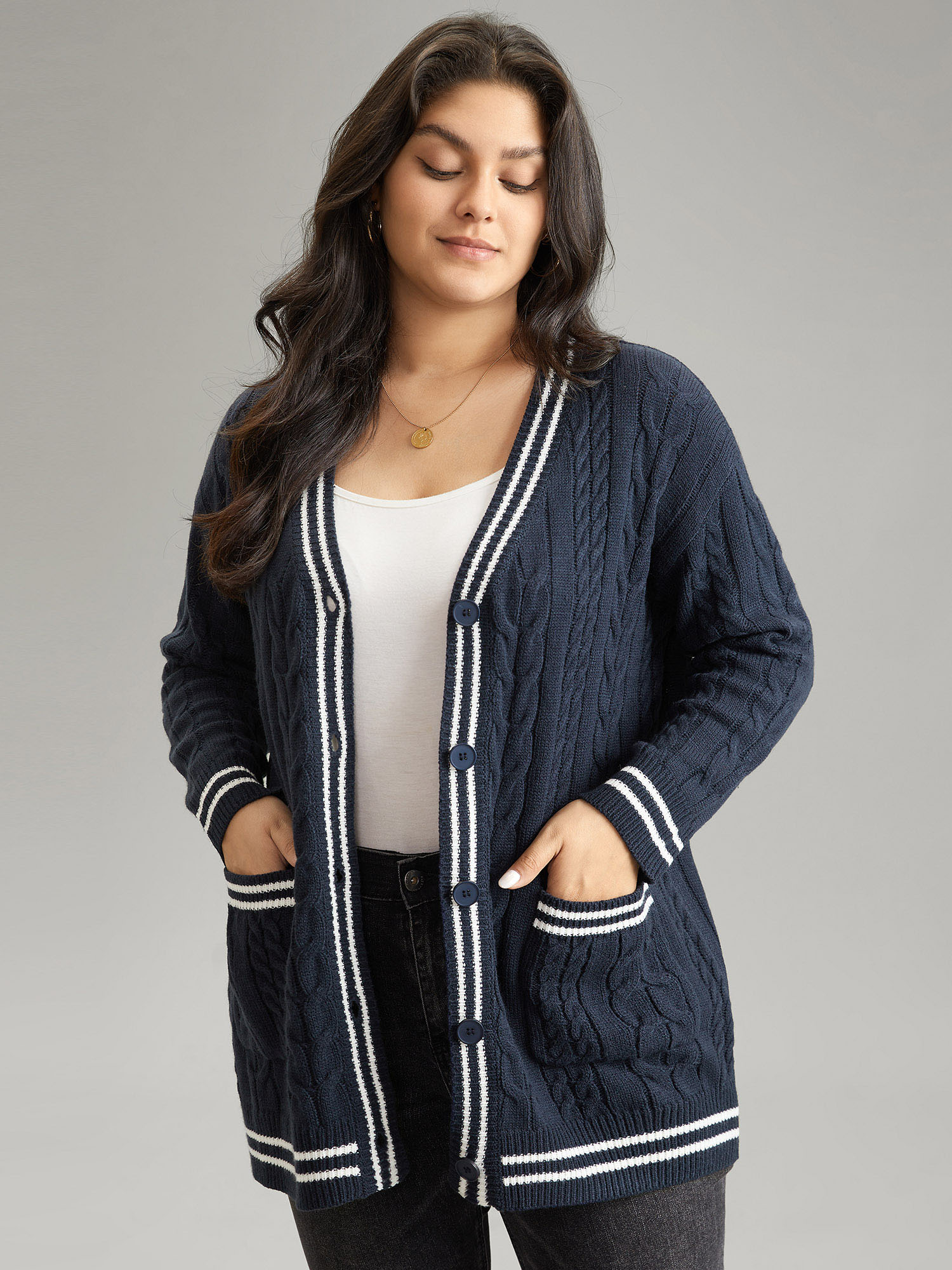 

Plus Size Cable Knit Contrast Striped Button Through Cardigan Midnight Women Casual Loose Long Sleeve Dailywear Cardigans BloomChic