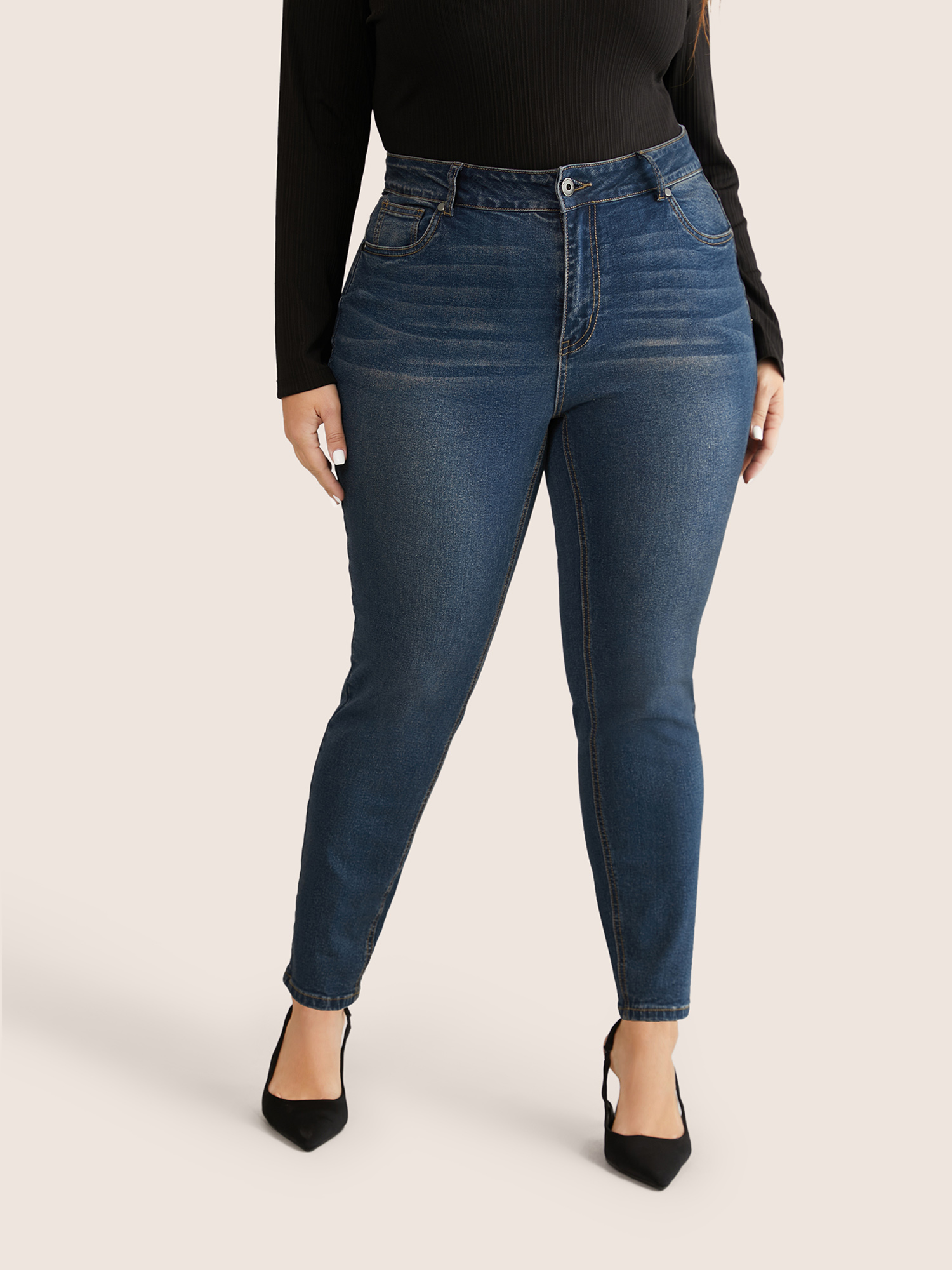 

Plus Size Very Stretchy High Rise Zipper Fly Skinny Jeans Women Blue Casual Plain Non High stretch Slanted pocket Jeans BloomChic