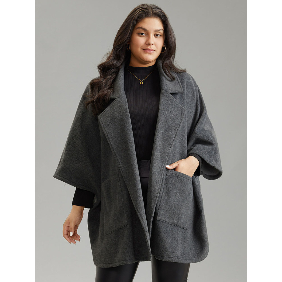 

Plus Size Batwing Sleeve Lapel Collar Coat Women DimGray Casual Plain Ladies Dailywear Winter Coats BloomChic