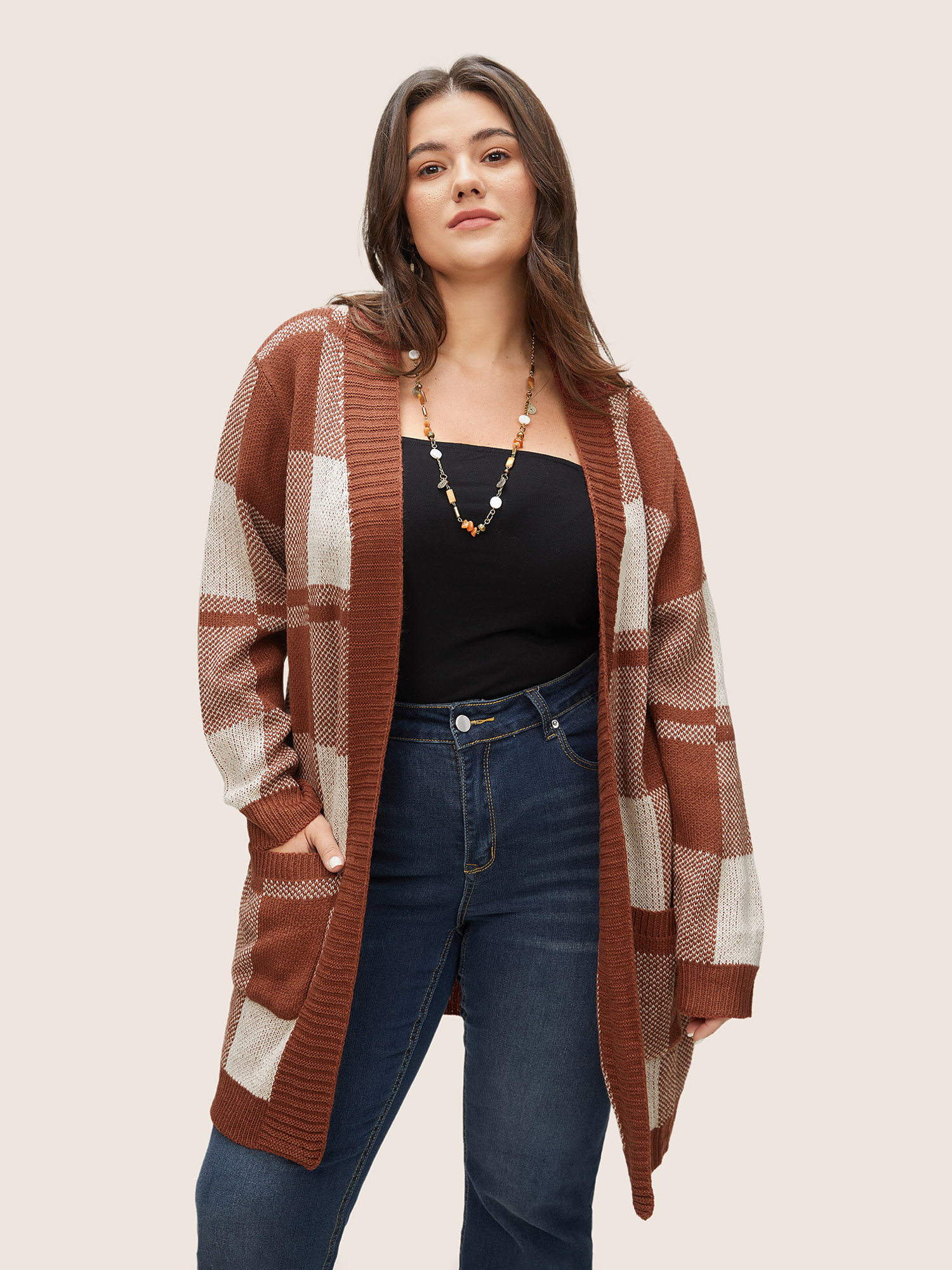 Plus Size Cardigans | Contrast Colorblock Pocket Open Front Cardigan | BloomChic 