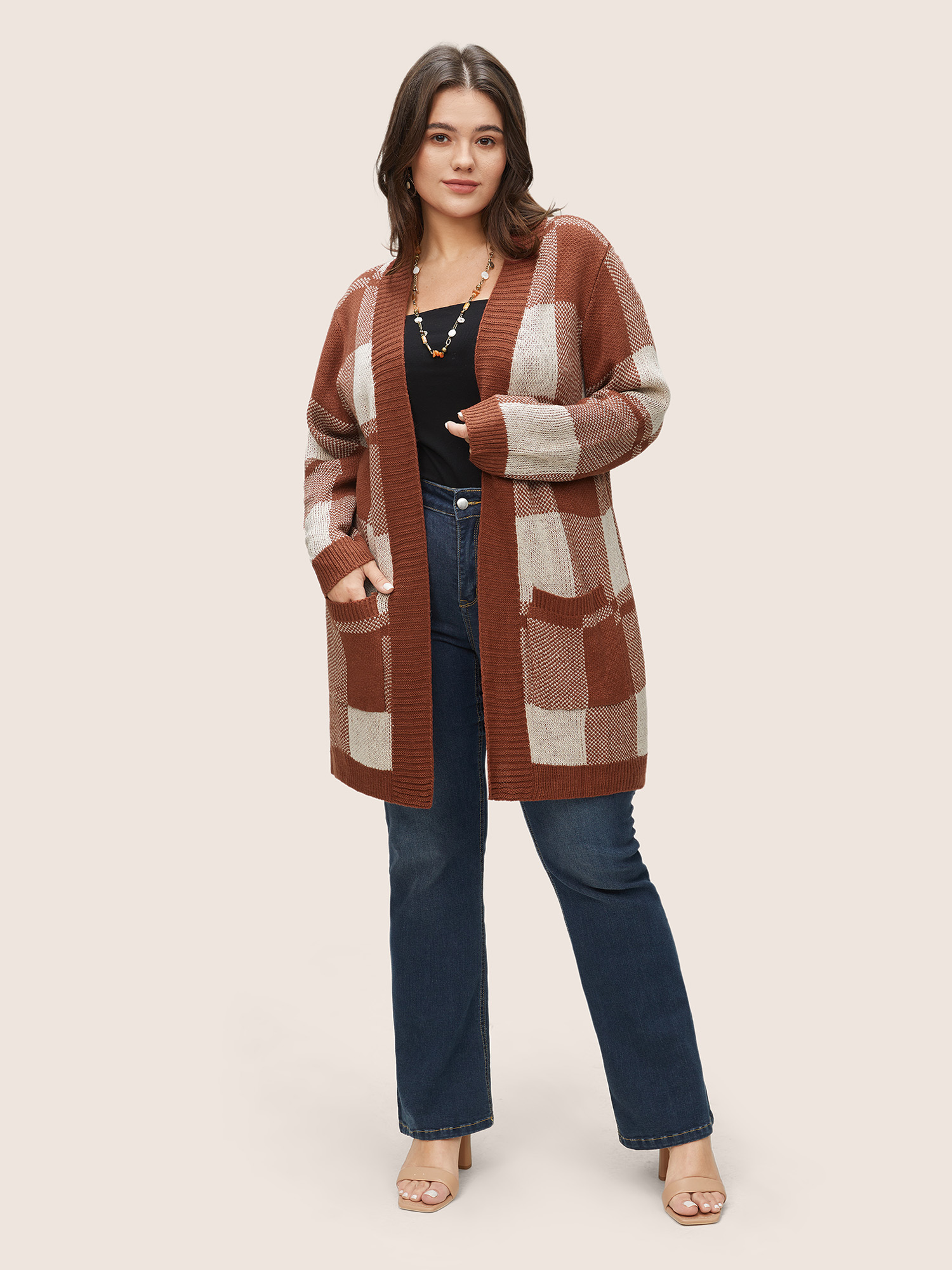 

Plus Size Contrast Colorblock Pocket Open Front Cardigan Brown Women Casual Loose Long Sleeve Dailywear Cardigans BloomChic