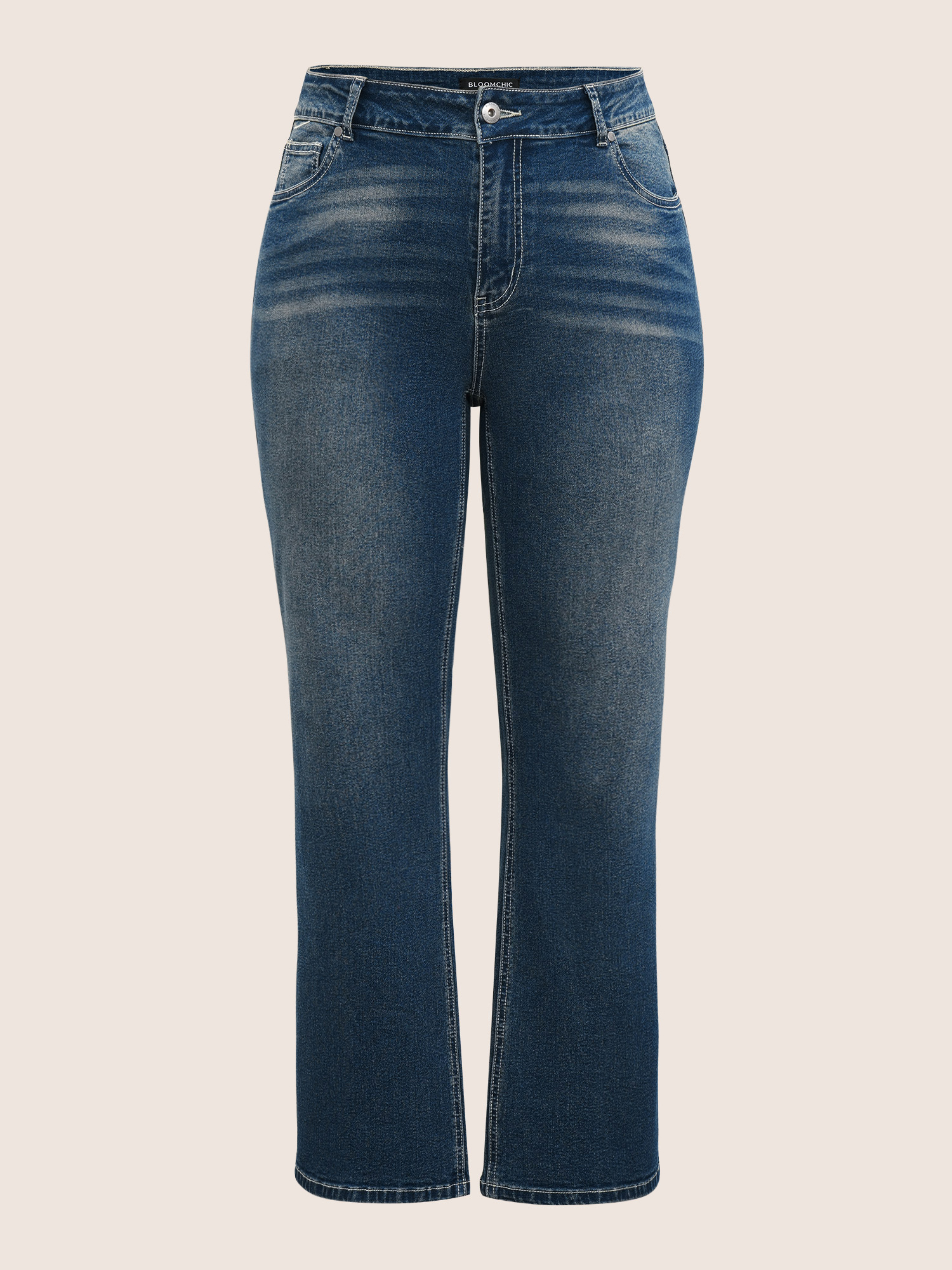Plus Size Women Dailywear Plain High stretch Straight Leg Dark Wash Casual Jeans BloomChic 