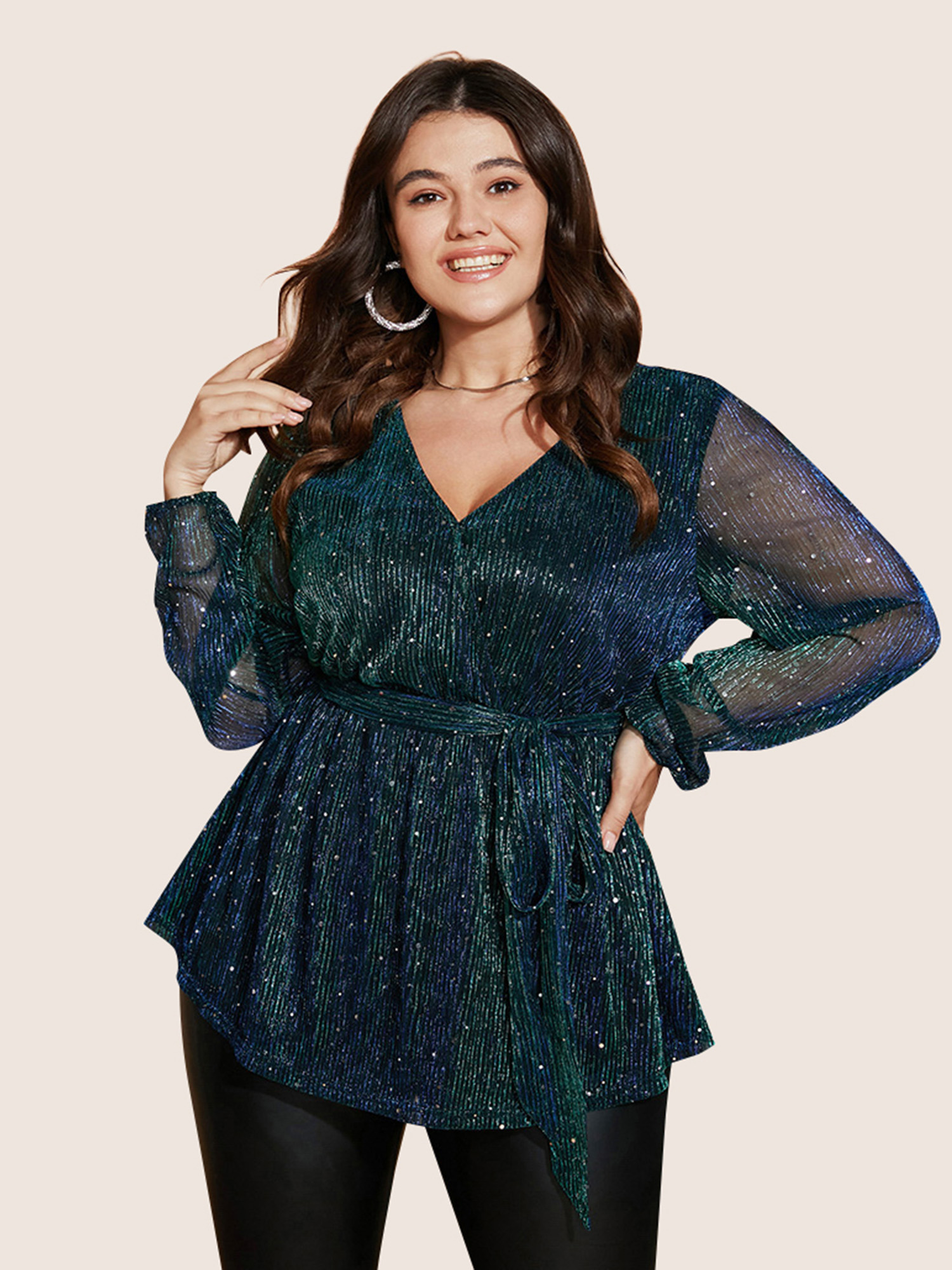 

Plus Size DarkGreen Sequin Mesh Lantern Sleeve Wrap Belted Striped Blouse Women Cocktail Long Sleeve V-neck Party Blouses BloomChic