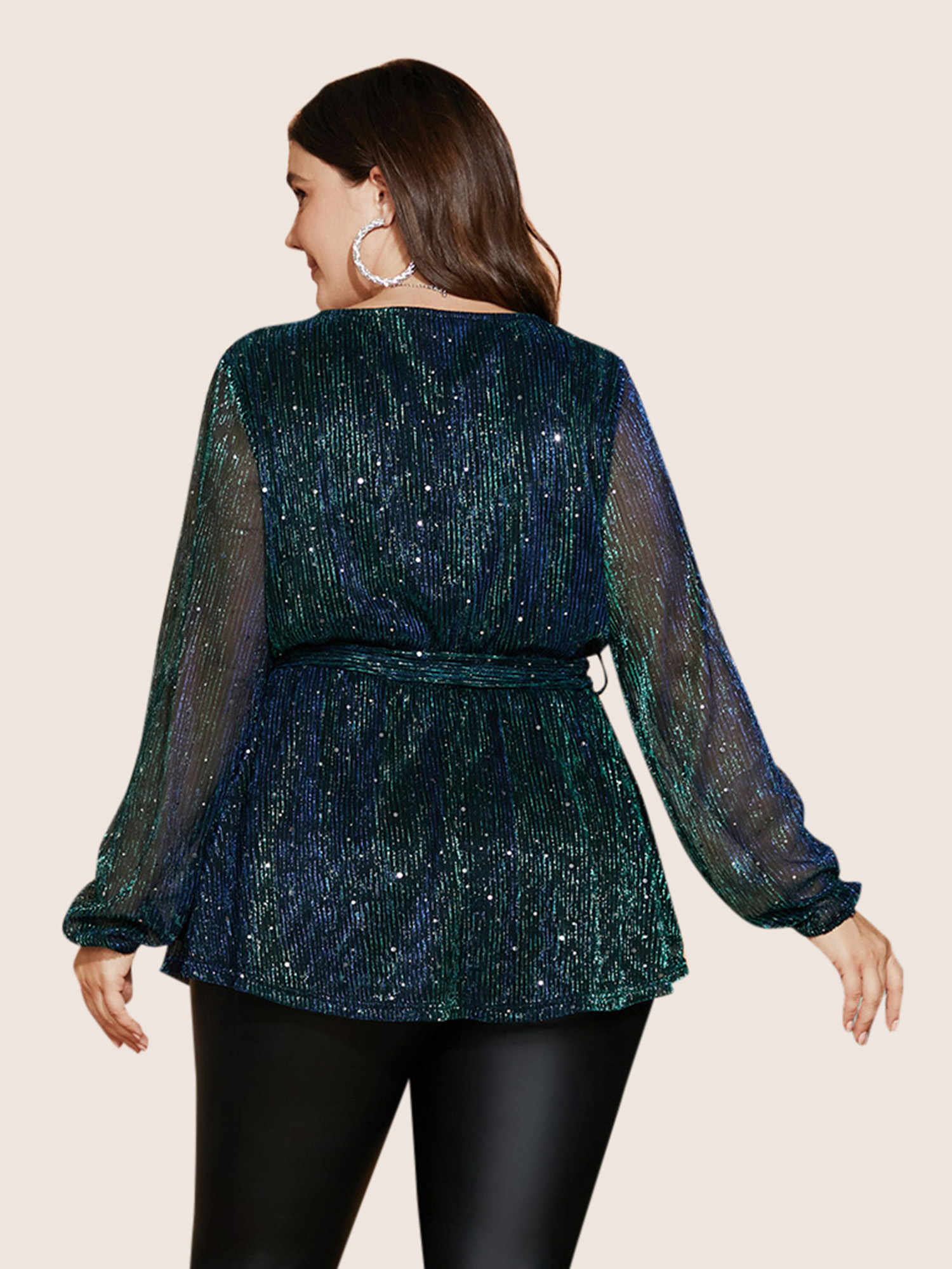 Plus Size DarkGreen Sequin Mesh Lantern Sleeve Wrap Belted Striped Blouse Women Cocktail Long Sleeve V-neck Party Blouses BloomChic 18-20/2X 