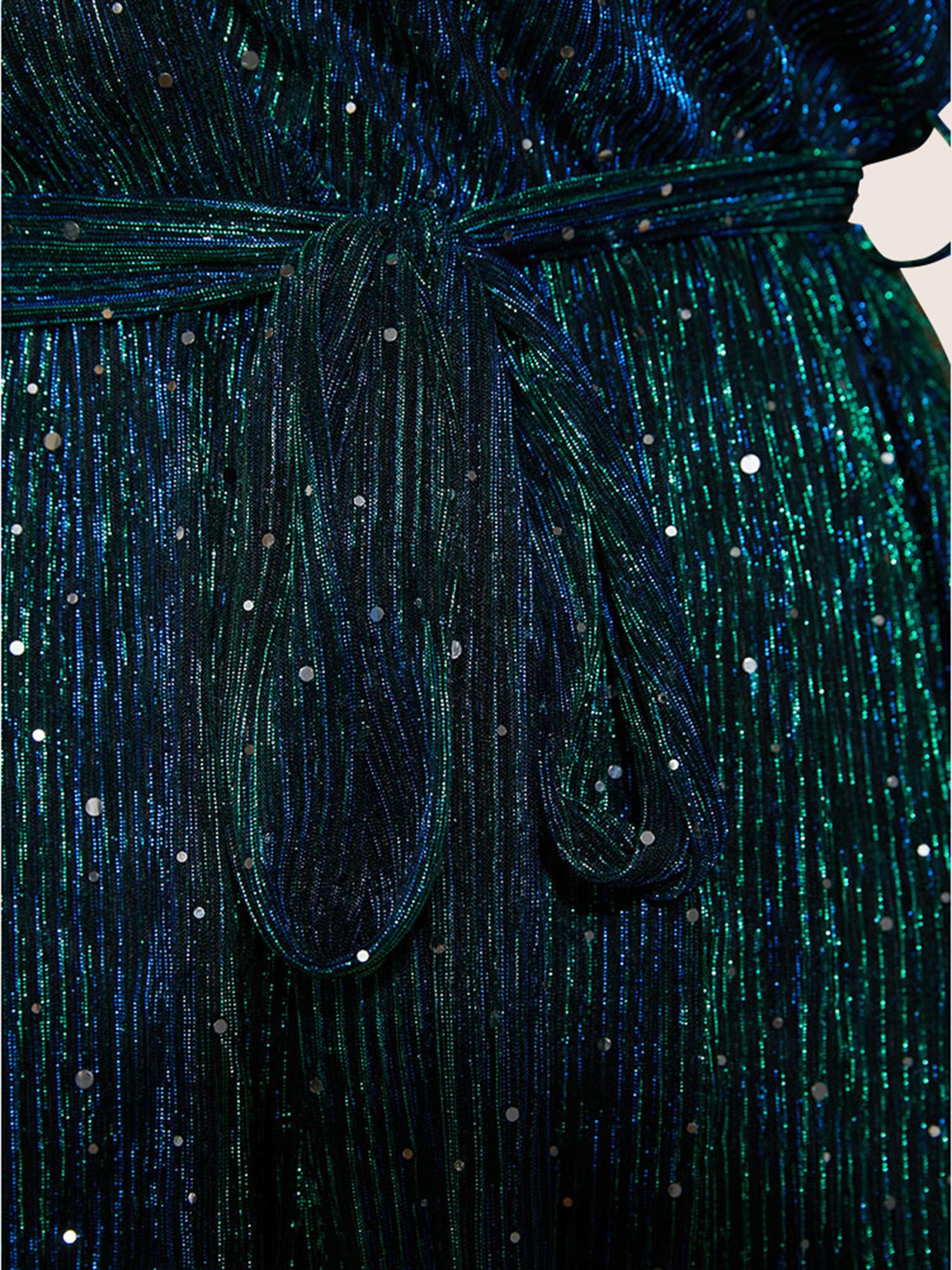 Plus Size DarkGreen Sequin Mesh Lantern Sleeve Wrap Belted Striped Blouse Women Cocktail Long Sleeve V-neck Party Blouses BloomChic 18-20/2X 
