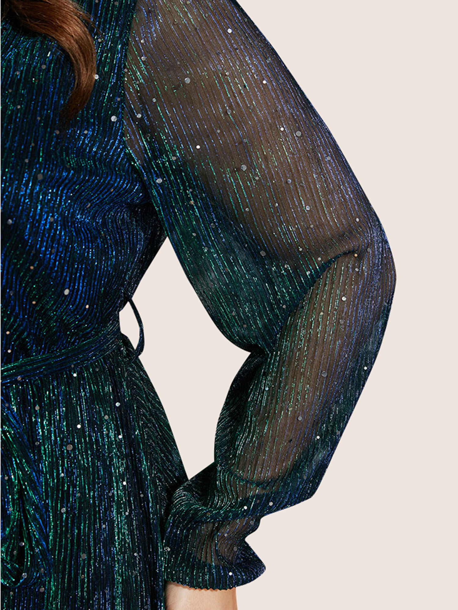 Plus Size DarkGreen Sequin Mesh Lantern Sleeve Wrap Belted Striped Blouse Women Cocktail Long Sleeve V-neck Party Blouses BloomChic 18-20/2X 