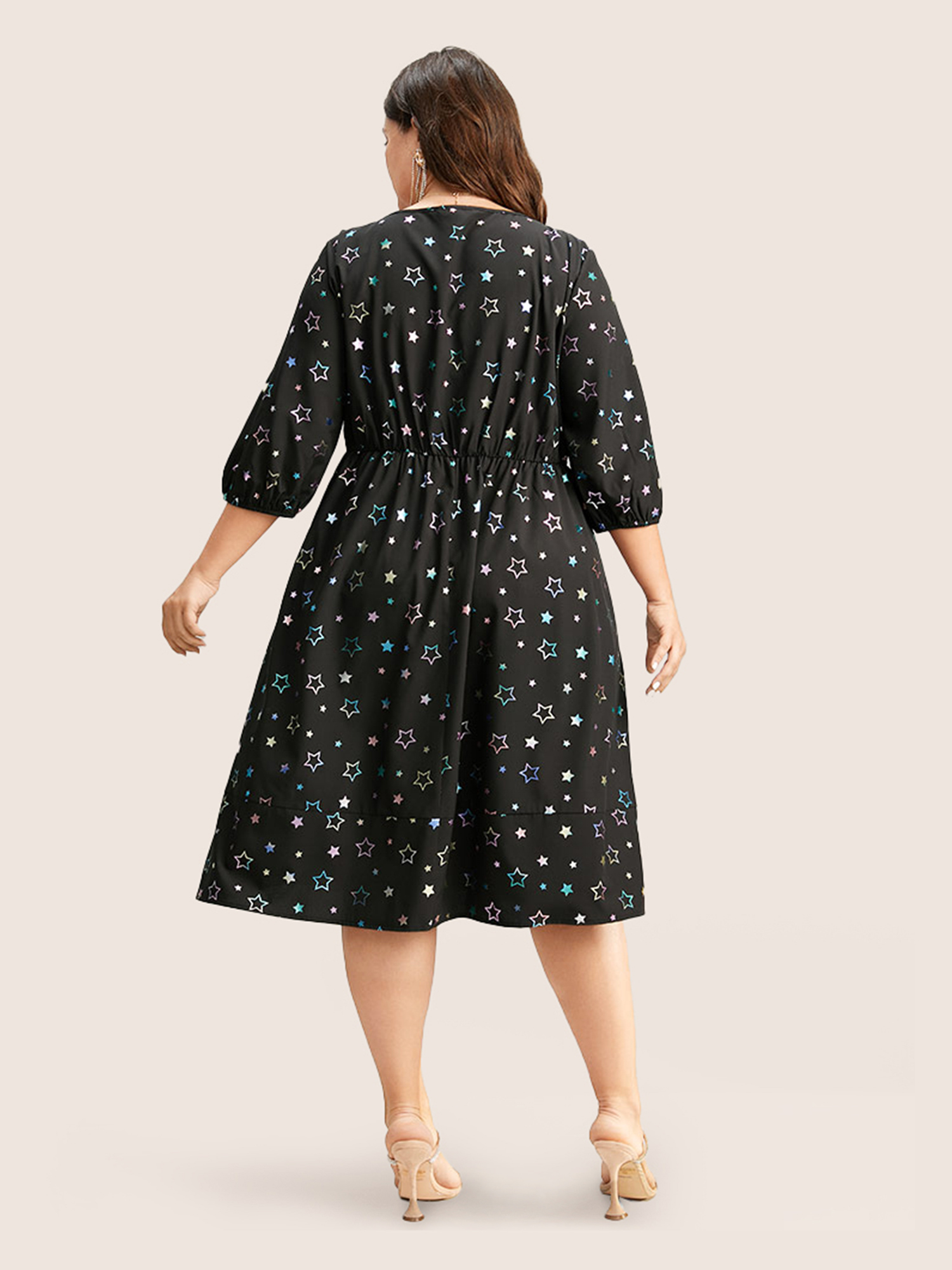 Plus Size Heart Glitter Square Neck Lantern Sleeve Dress Black Women Cocktail Elastic cuffs Square Neck Half Sleeve Curvy Midi Dress BloomChic 30/6X 