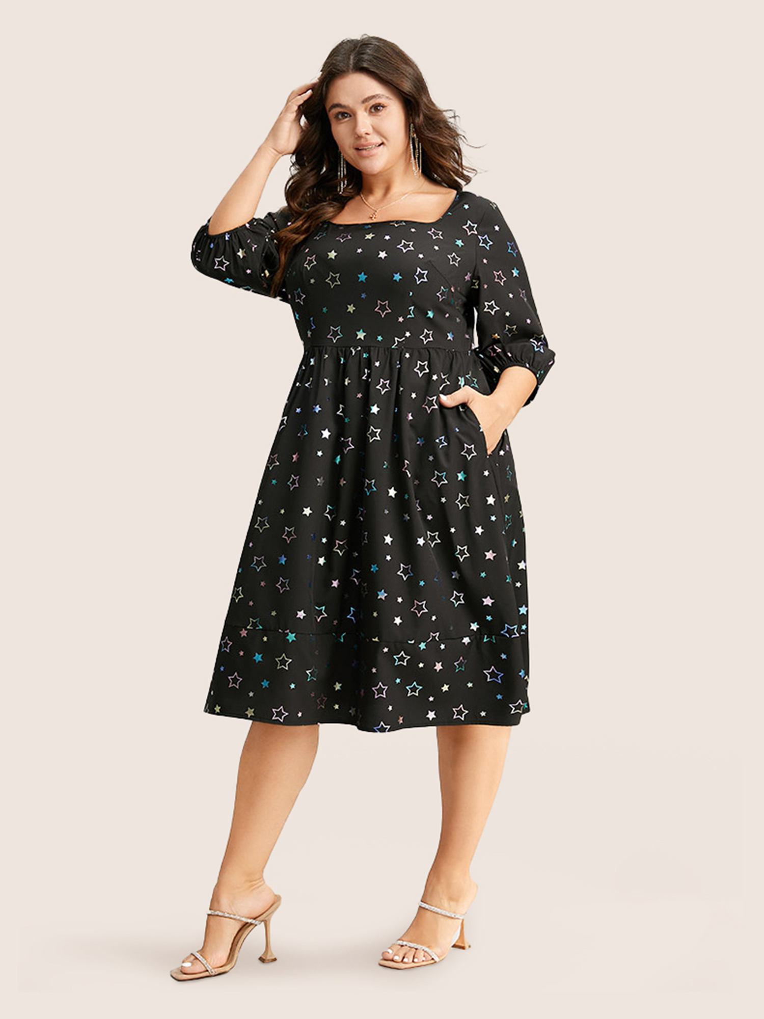 

Plus Size Heart Glitter Square Neck Lantern Sleeve Dress Black Women Cocktail Elastic cuffs Square Neck Half Sleeve Curvy Midi Dress BloomChic