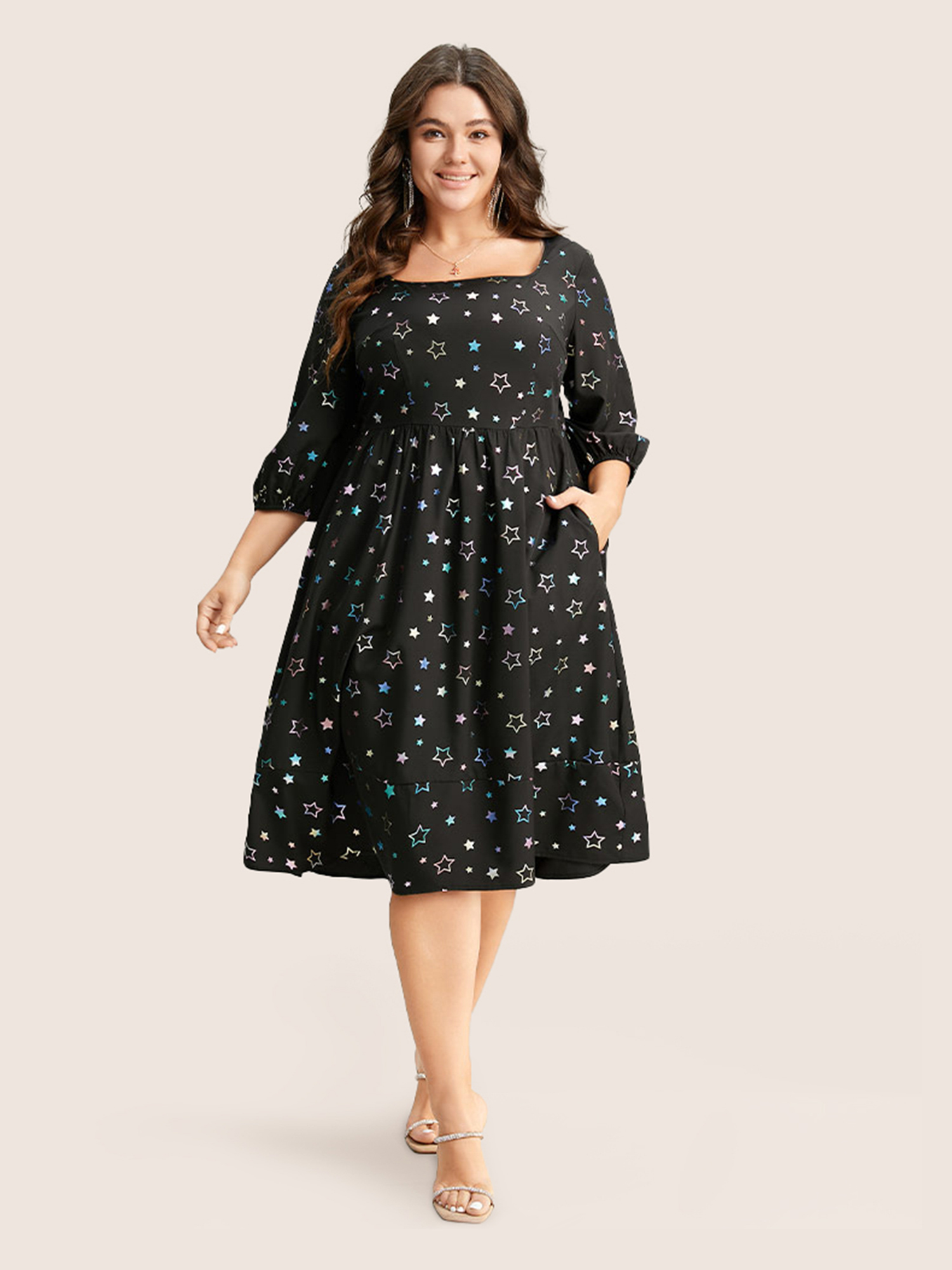 Plus Size Heart Glitter Square Neck Lantern Sleeve Dress Black Women Cocktail Elastic cuffs Square Neck Half Sleeve Curvy Midi Dress BloomChic 30/6X 