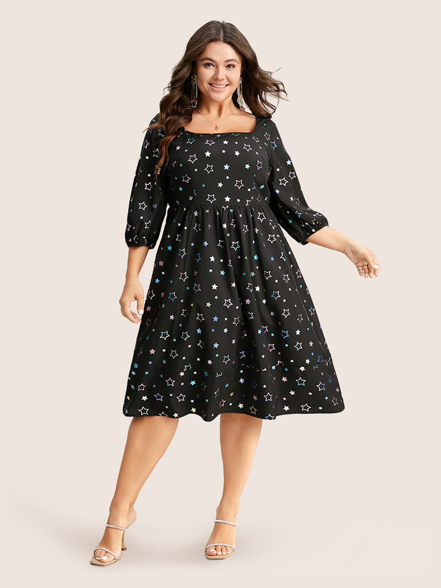 Plus Size Heart Glitter Square Neck Lantern Sleeve Dress Black Women Cocktail Elastic cuffs Square Neck Half Sleeve Curvy Midi Dress BloomChic 30/6X 