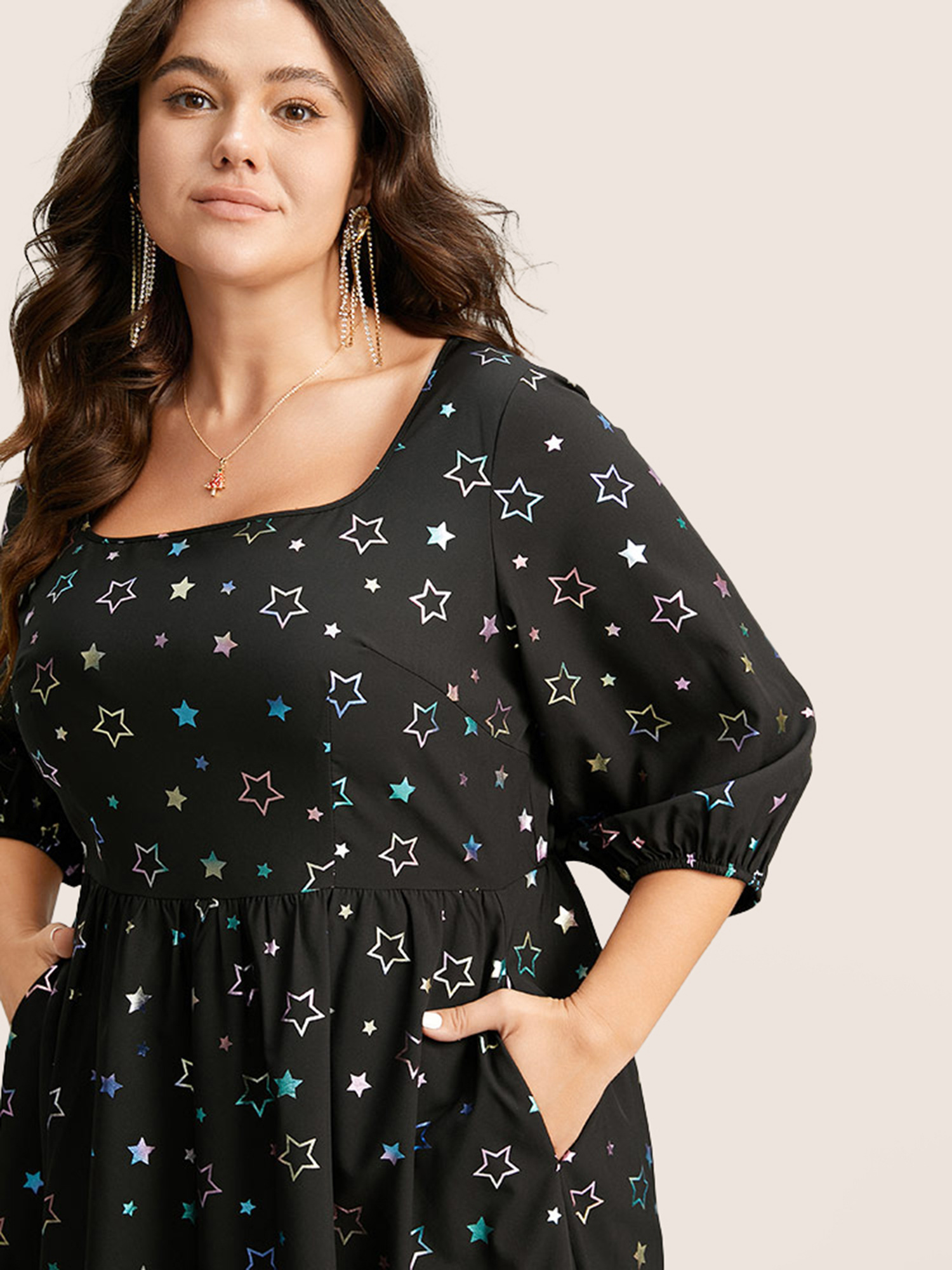 Plus Size Heart Glitter Square Neck Lantern Sleeve Dress Black Women Cocktail Elastic cuffs Square Neck Half Sleeve Curvy Midi Dress BloomChic 30/6X 
