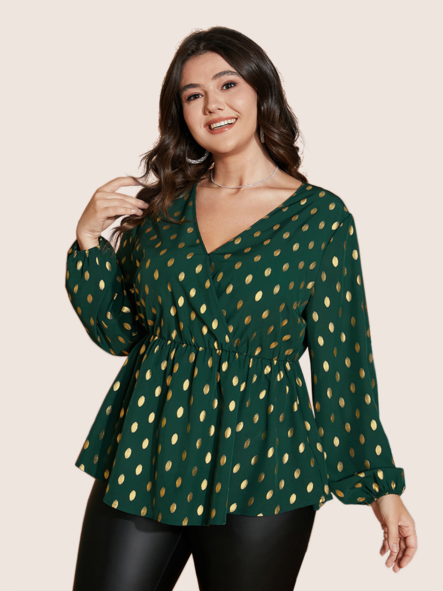 

Polka Dot High Elastic Waist Plus Size Women Blouses Going out Lantern Sleeve Long Sleeve V Neck Party Blouses BloomChic, Darkgreen