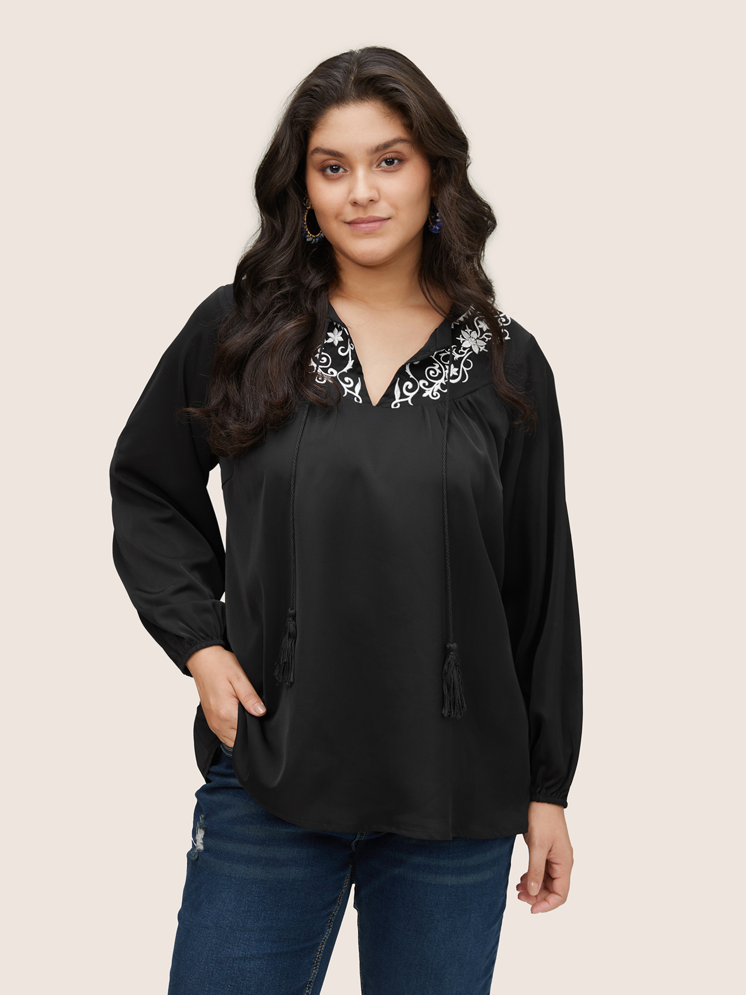 Plus Size Women Vacation Bohemian Print Tassels Lantern Sleeve Long Sleeve Tie Neck Casual Blouses BloomChic 