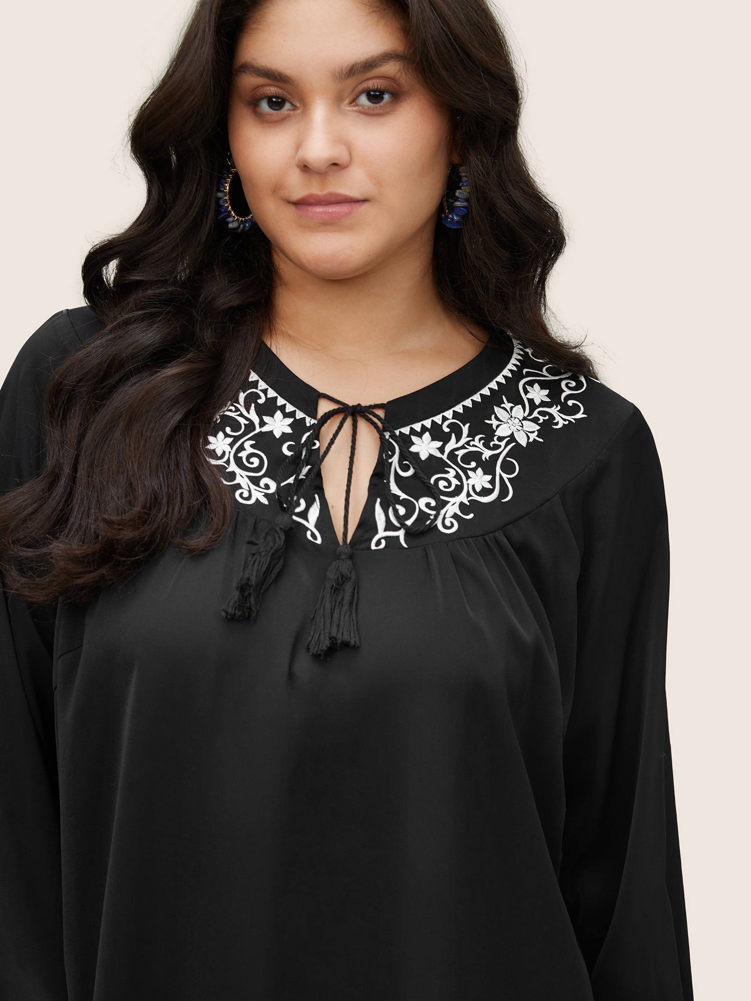 Plus Size Women Vacation Bohemian Print Tassels Lantern Sleeve Long Sleeve Tie Neck Casual Blouses BloomChic 