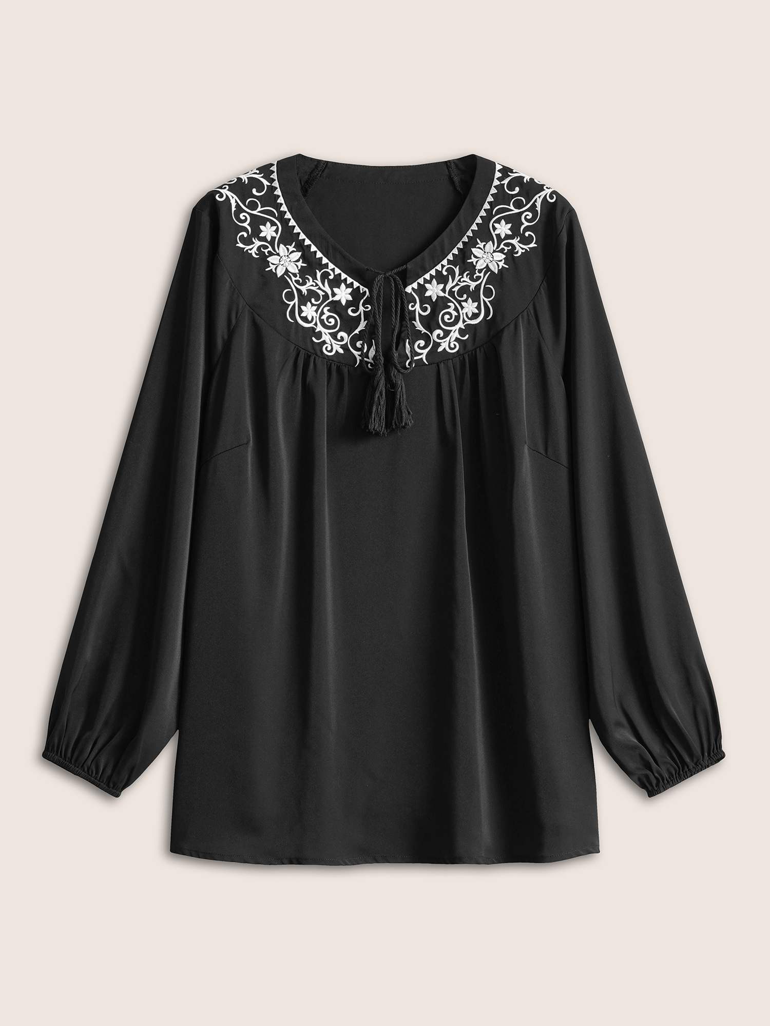 Plus Size Women Vacation Bohemian Print Tassels Lantern Sleeve Long Sleeve Tie Neck Casual Blouses BloomChic 