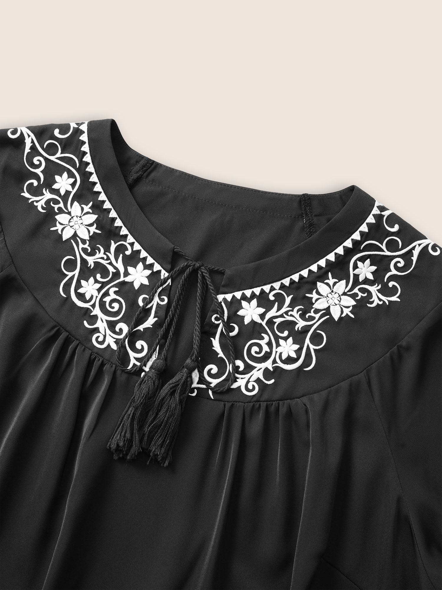 Plus Size Women Vacation Bohemian Print Tassels Lantern Sleeve Long Sleeve Tie Neck Casual Blouses BloomChic 