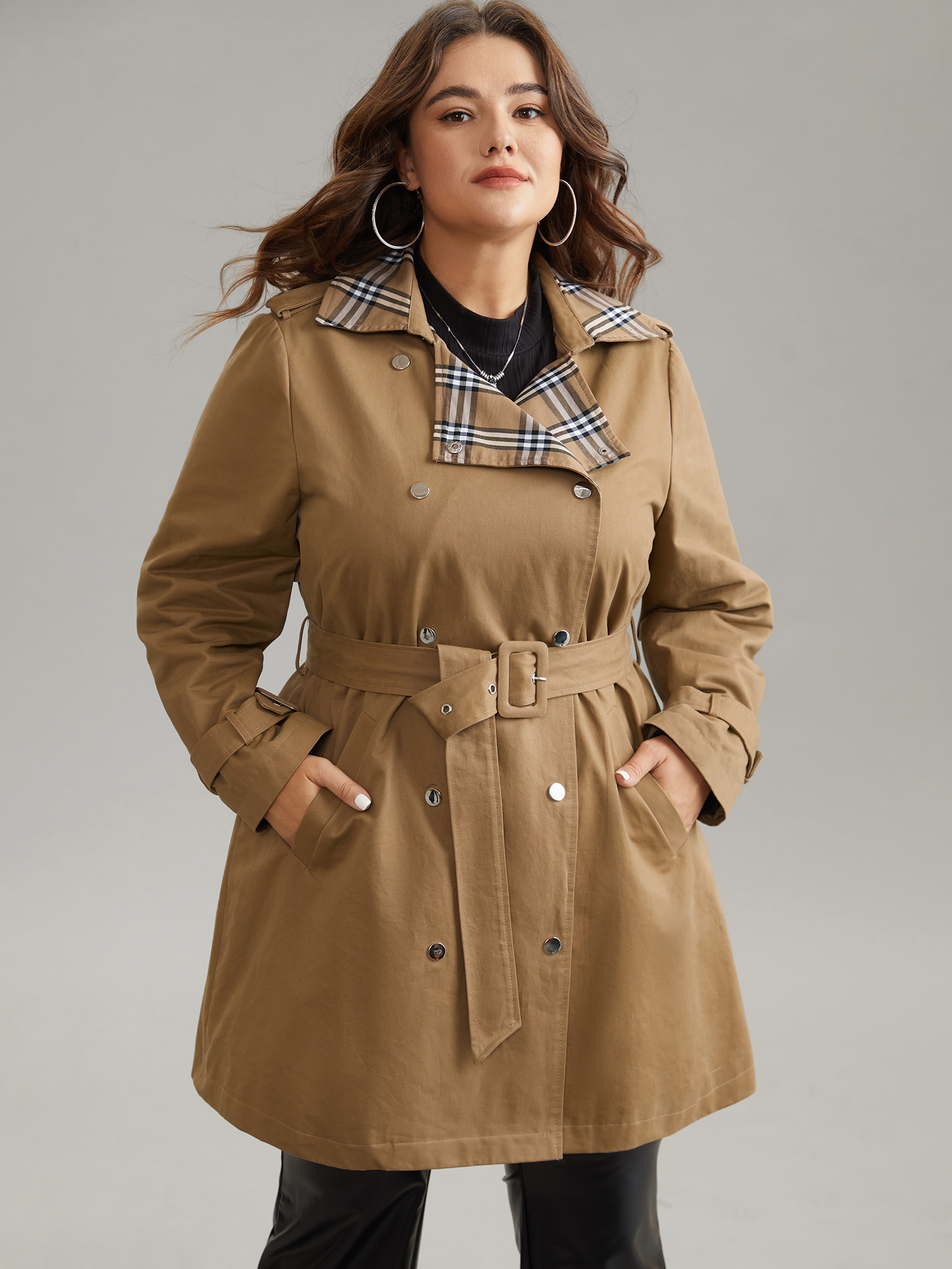 

Plus Size Plaid Contrast Belted Double Breasted Coat Women Tan Elegant Lined Ladies Dailywear Winter Coats BloomChic