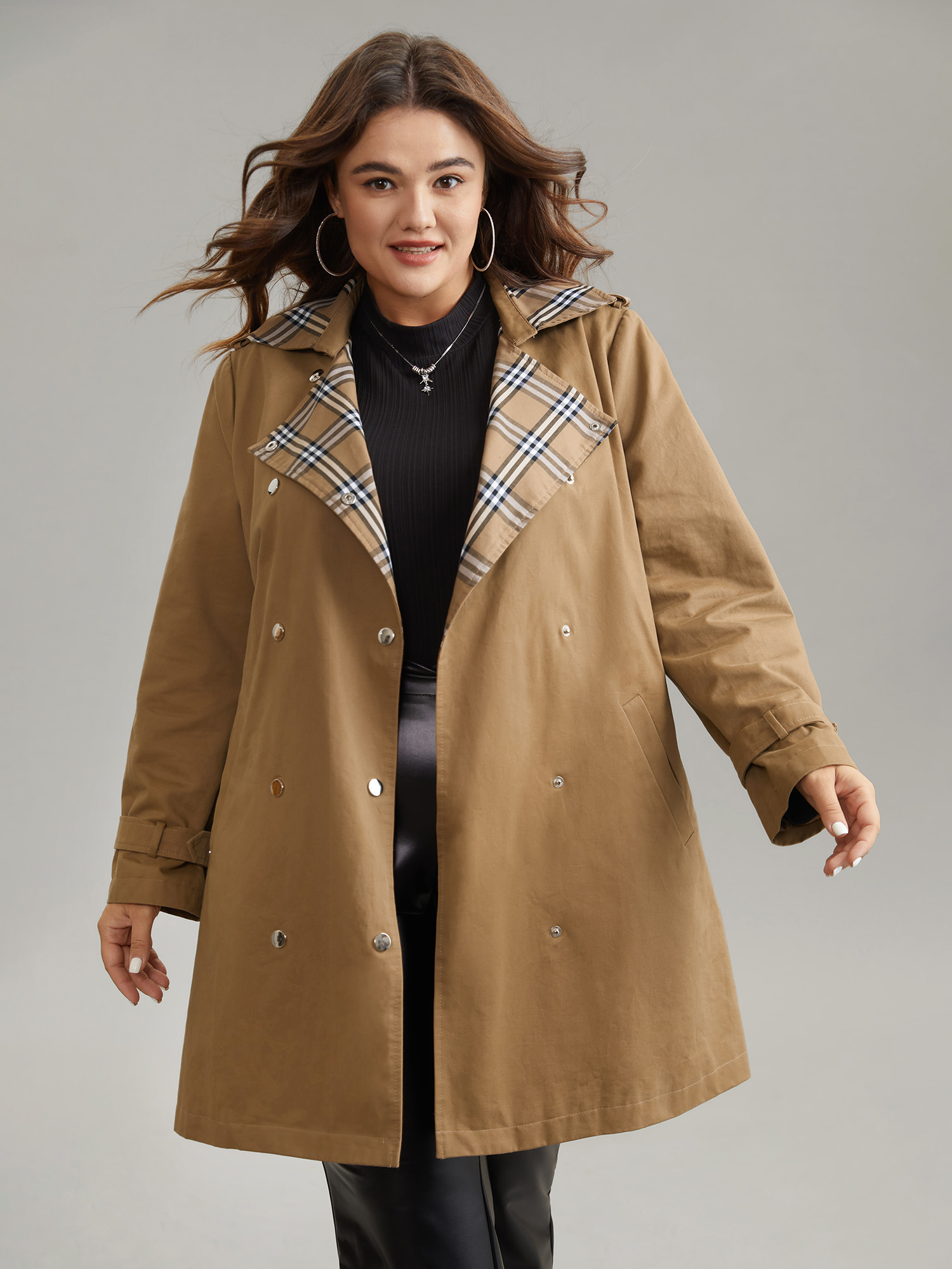 

Plus Size Plaid Contrast Belted Double Breasted Coat Women Tan Elegant Lined Ladies Dailywear Winter Coats BloomChic