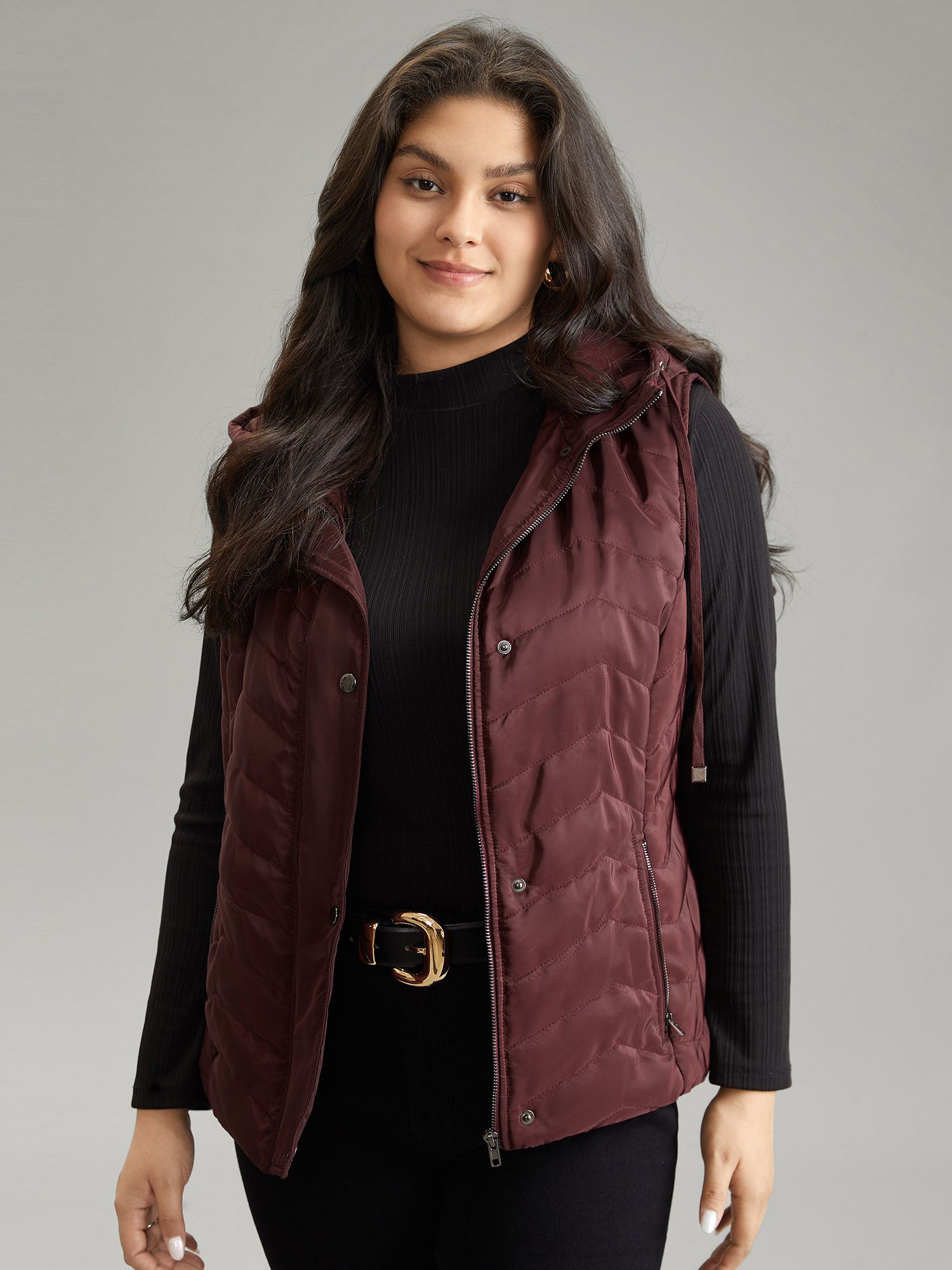 

Plus Size Padded Hooded Drawstring Quilted Vest Burgundy Casual Lined Dailywear Vests  Bloomchic