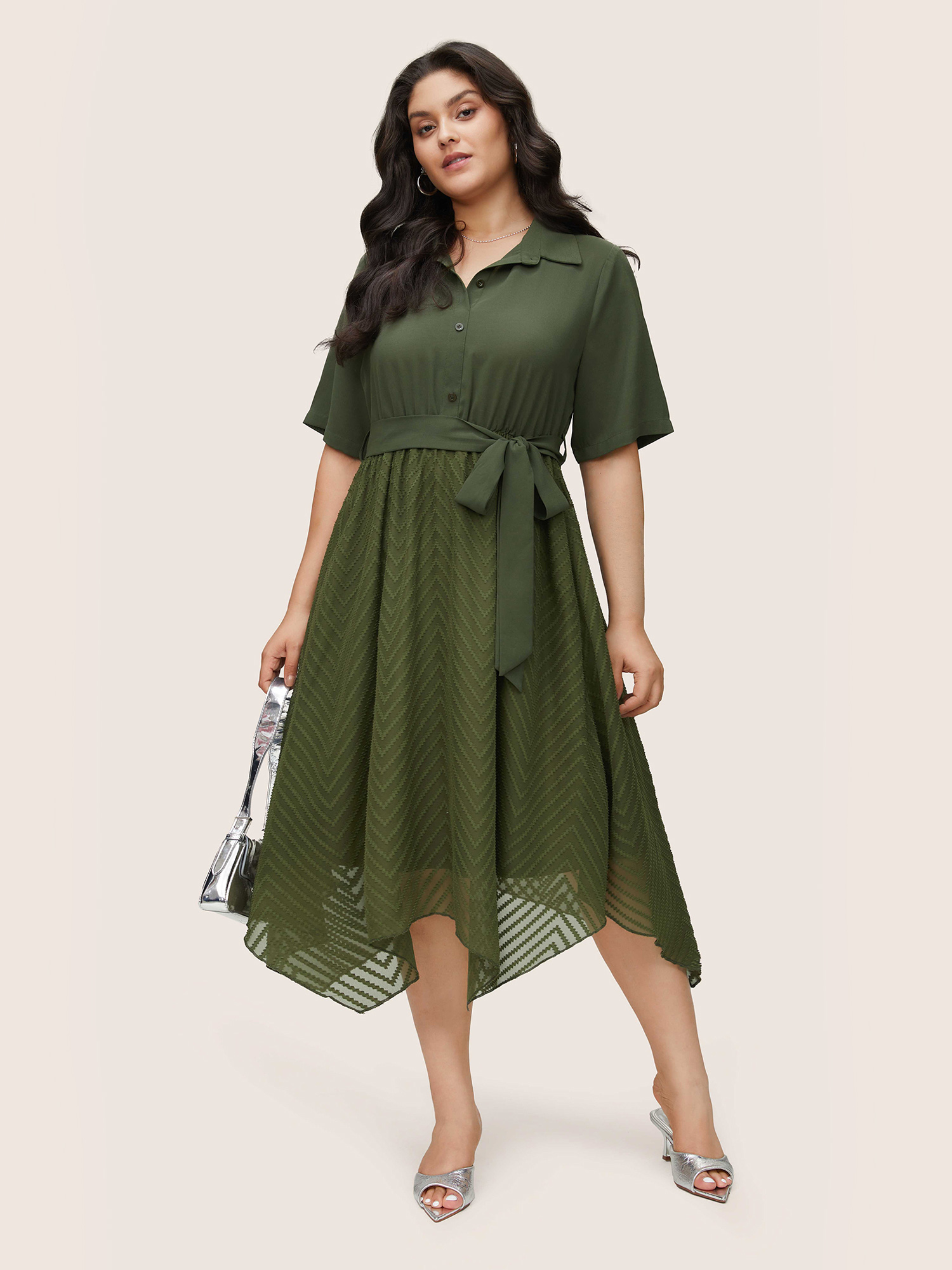 

Plus Size Plain Texture Mesh Belted Asymmetrical Hem Dress ArmyGreen Women At the Office Texture Shirt collar Short sleeve Curvy Midi Dress BloomChic