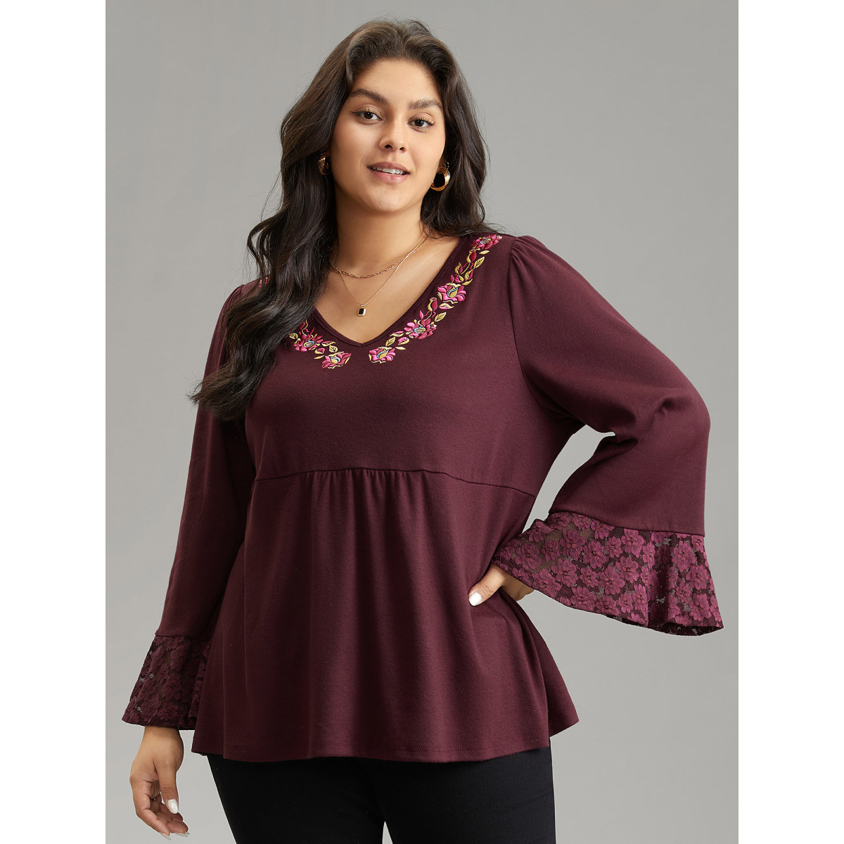 

Plus Size Floral Embroidered Lace Panel Bell Sleeve T-shirt Burgundy Women Elegant Patchwork Plants V-neck Dailywear T-shirts BloomChic