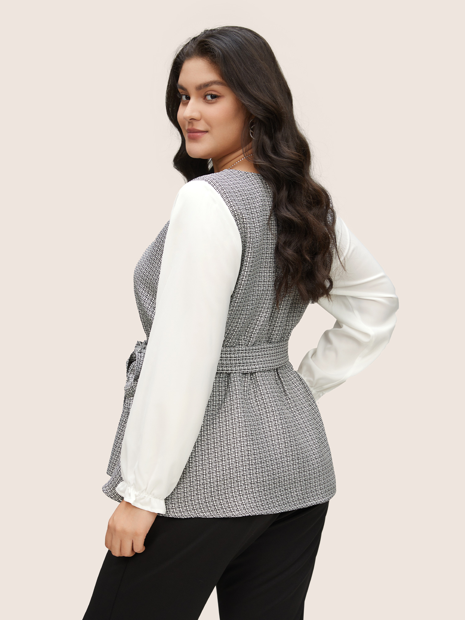 Plus Size Women Work Patchwork Elastic cuffs Lantern Sleeve Long Sleeve Notched collar Office Blouses BloomChic 