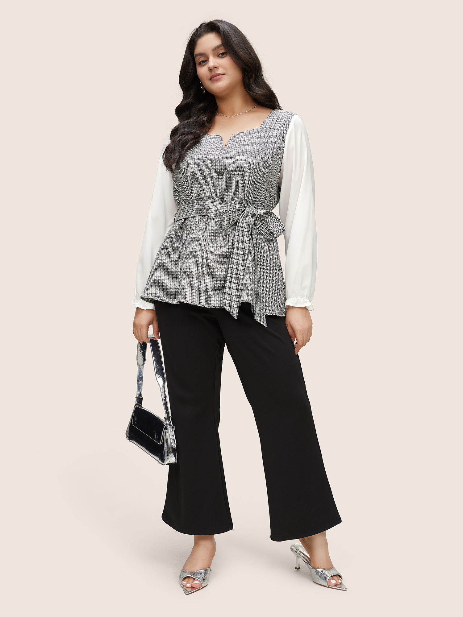 Plus Size Women Work Patchwork Elastic cuffs Lantern Sleeve Long Sleeve Notched collar Office Blouses BloomChic 