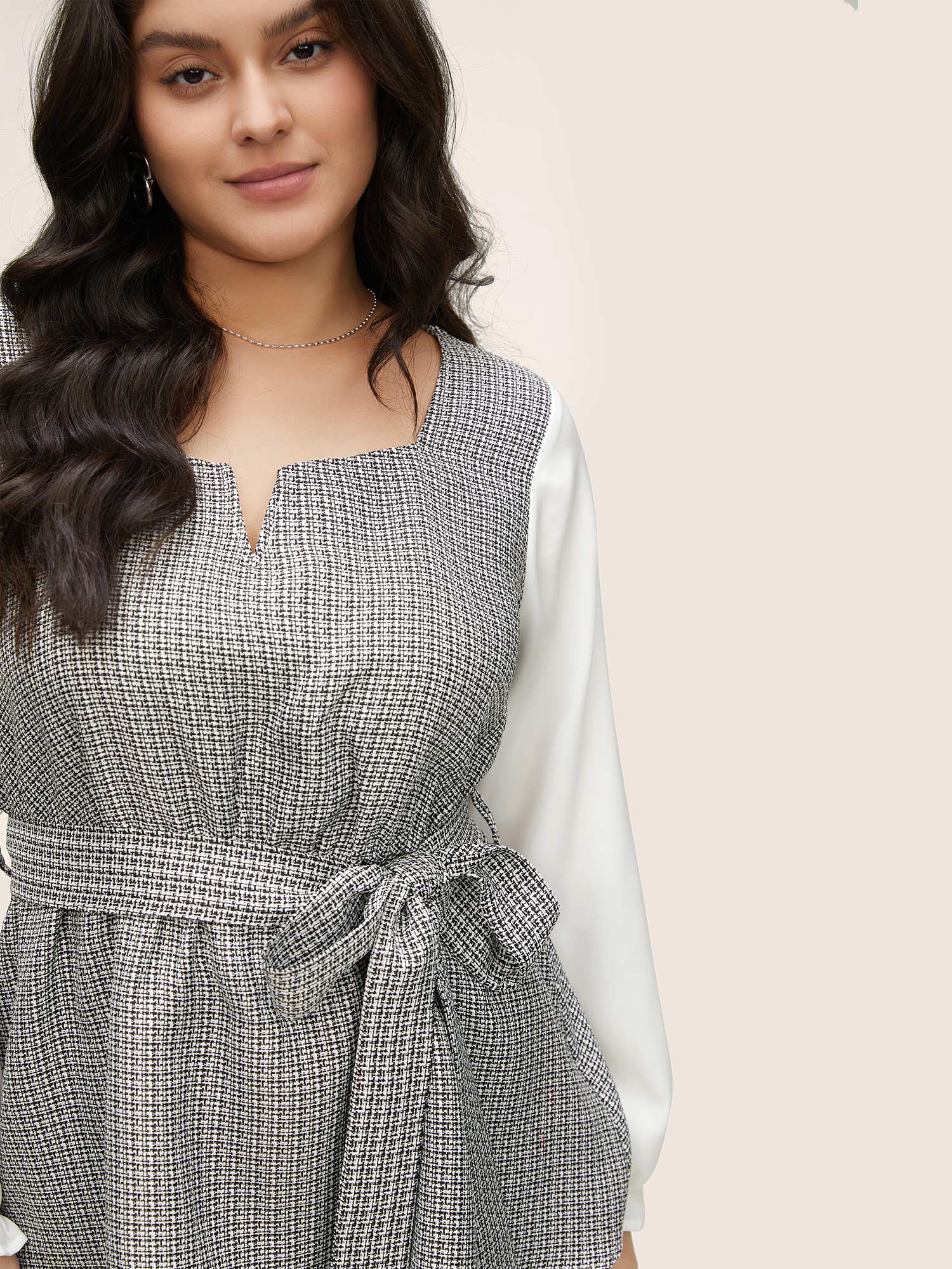 Plus Size Women Work Patchwork Elastic cuffs Lantern Sleeve Long Sleeve Notched collar Office Blouses BloomChic 