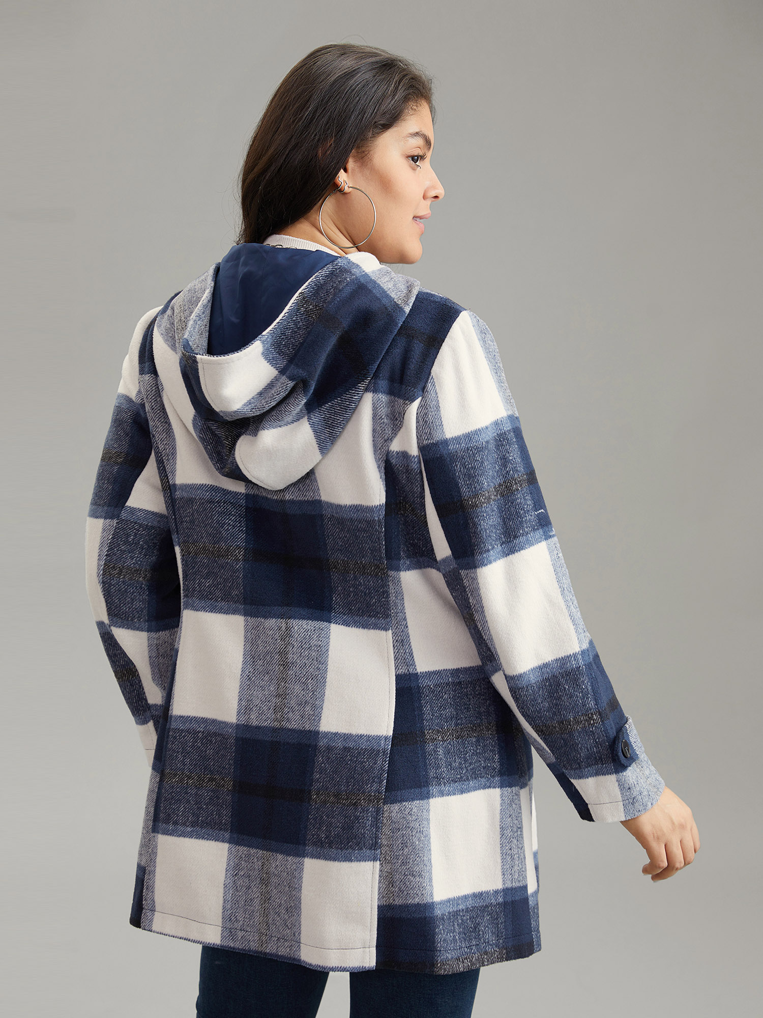 

Plus Size Plaid Hooded Duffle Button Zipper Coat Women Indigo Casual Lined Ladies Dailywear Winter Coats BloomChic