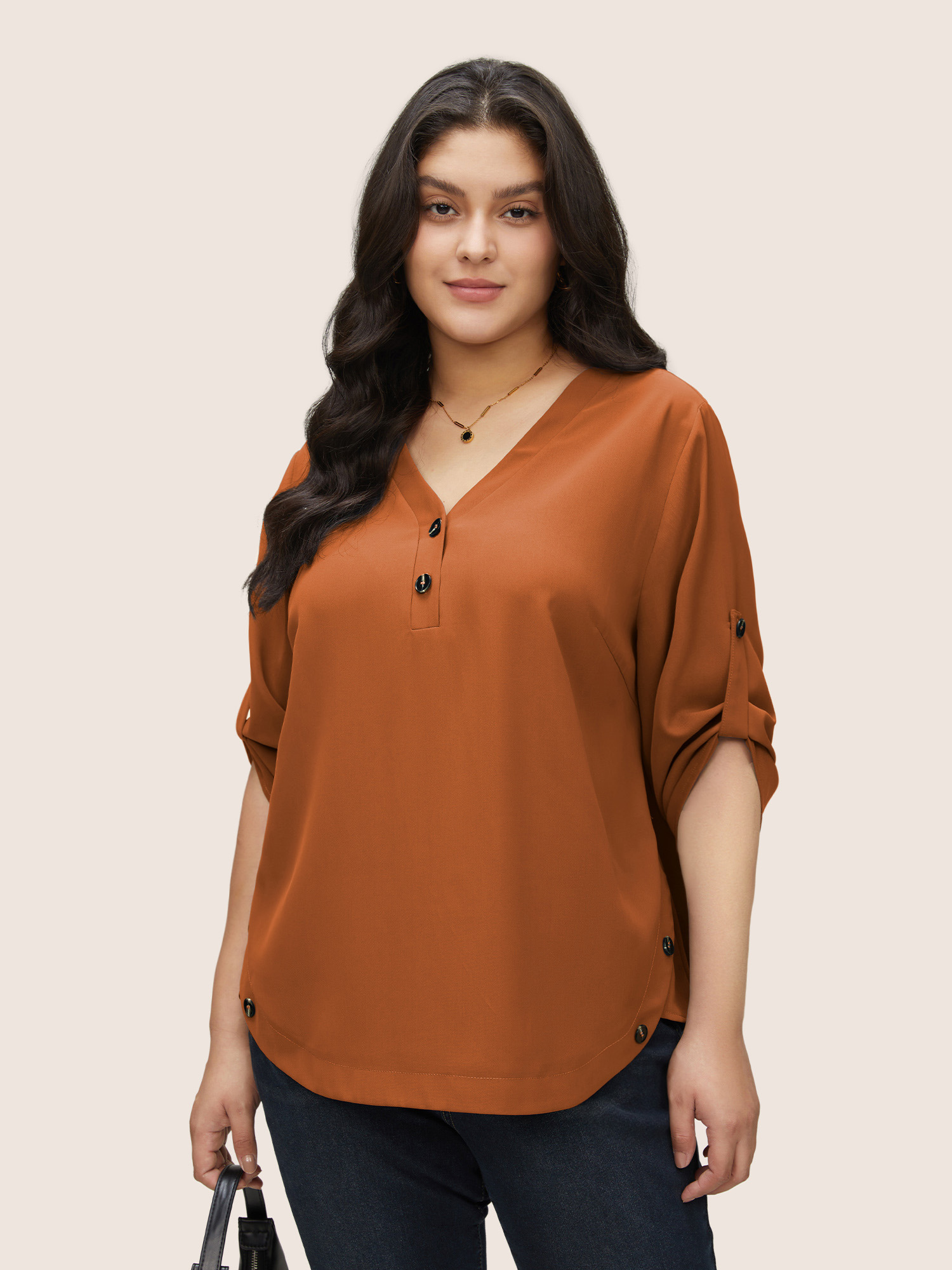 

Plus Size Rust Anti-Wrinkle Button Detail Curved Hem Tab Sleeve Blouse Women Office Half Sleeve V-neck Work Blouses BloomChic