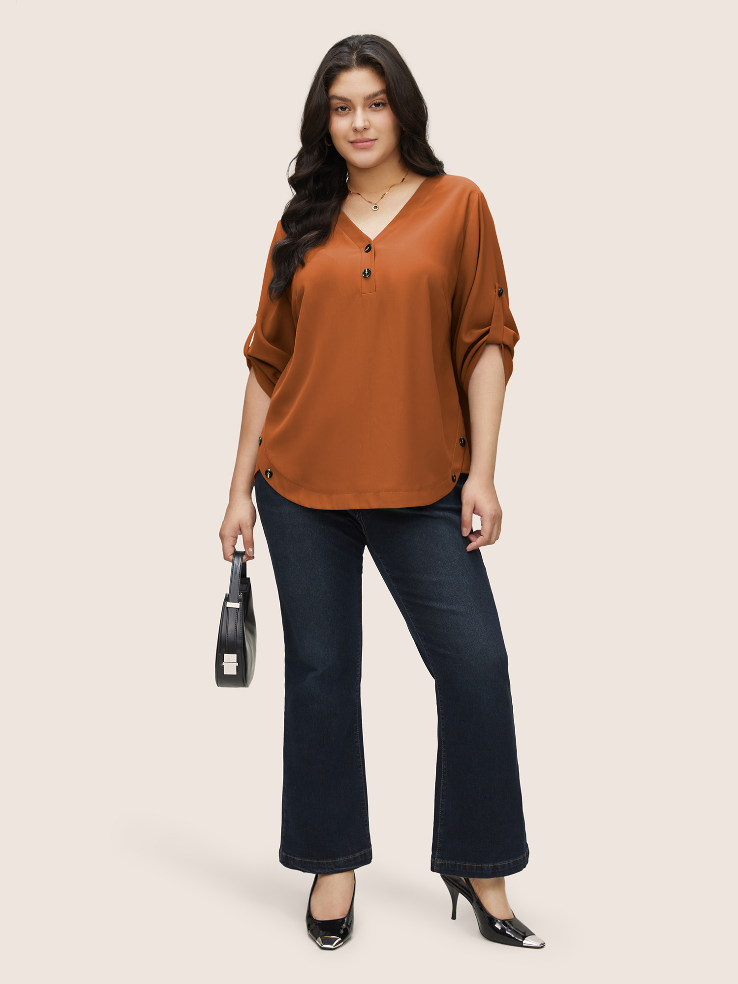 

Plus Size Rust Anti-Wrinkle Button Detail Curved Hem Tab Sleeve Blouse Women Office Half Sleeve V-neck Work Blouses BloomChic