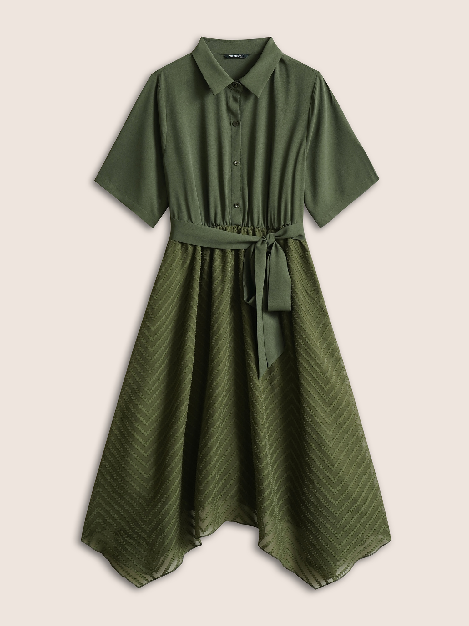 

Plus Size Plain Texture Mesh Belted Asymmetrical Hem Dress ArmyGreen Women At the Office Texture Shirt collar Short sleeve Curvy Midi Dress BloomChic