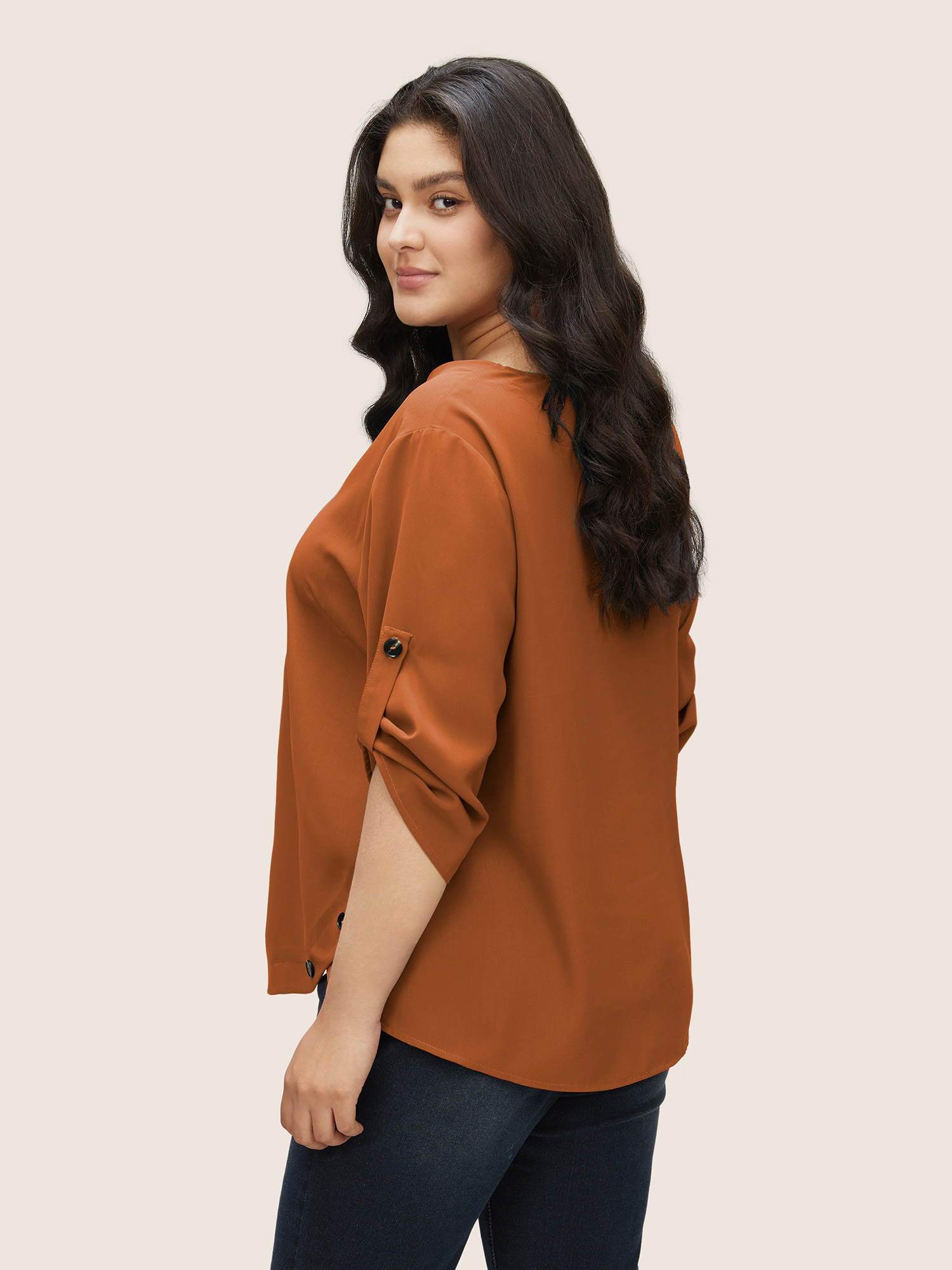 Plus Size Rust Anti-Wrinkle Button Detail Curved Hem Tab Sleeve Blouse Women Office Half Sleeve V-neck Work Blouses BloomChic 10/M 