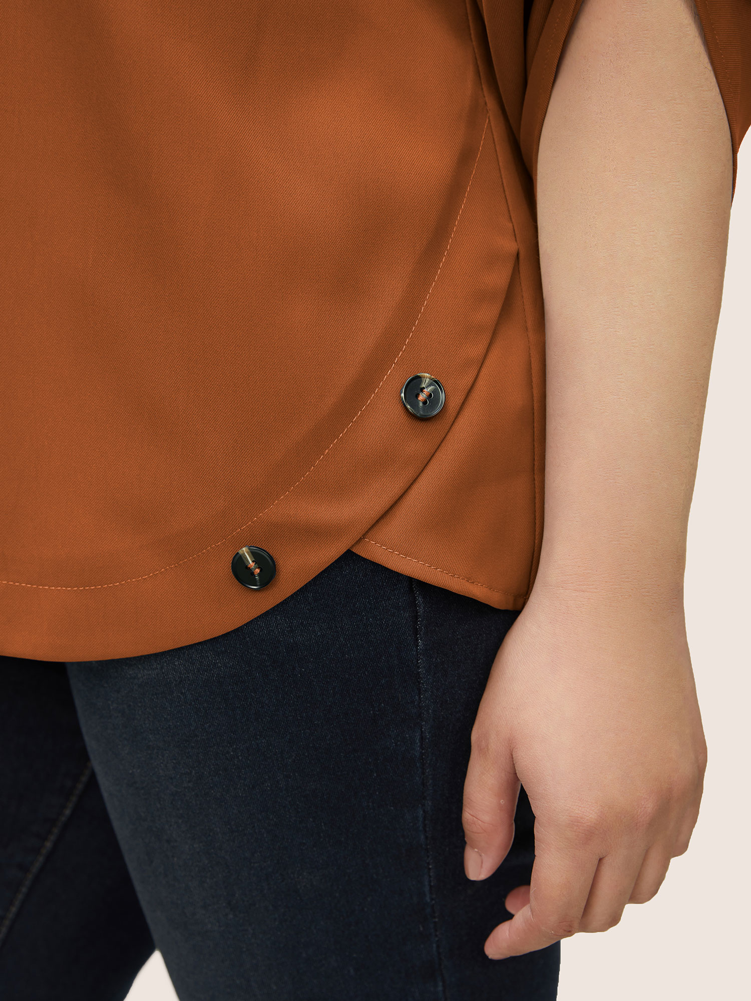 Plus Size Rust Anti-Wrinkle Button Detail Curved Hem Tab Sleeve Blouse Women Office Half Sleeve V-neck Work Blouses BloomChic 10/M 