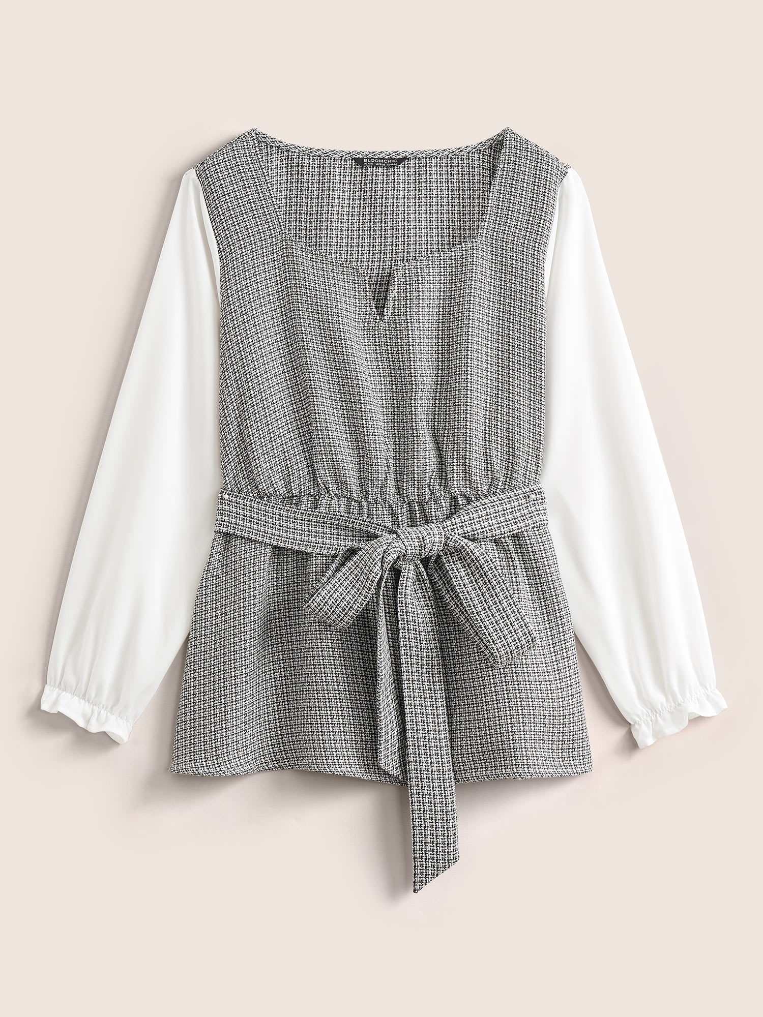 Plus Size Women Work Patchwork Elastic cuffs Lantern Sleeve Long Sleeve Notched collar Office Blouses BloomChic 
