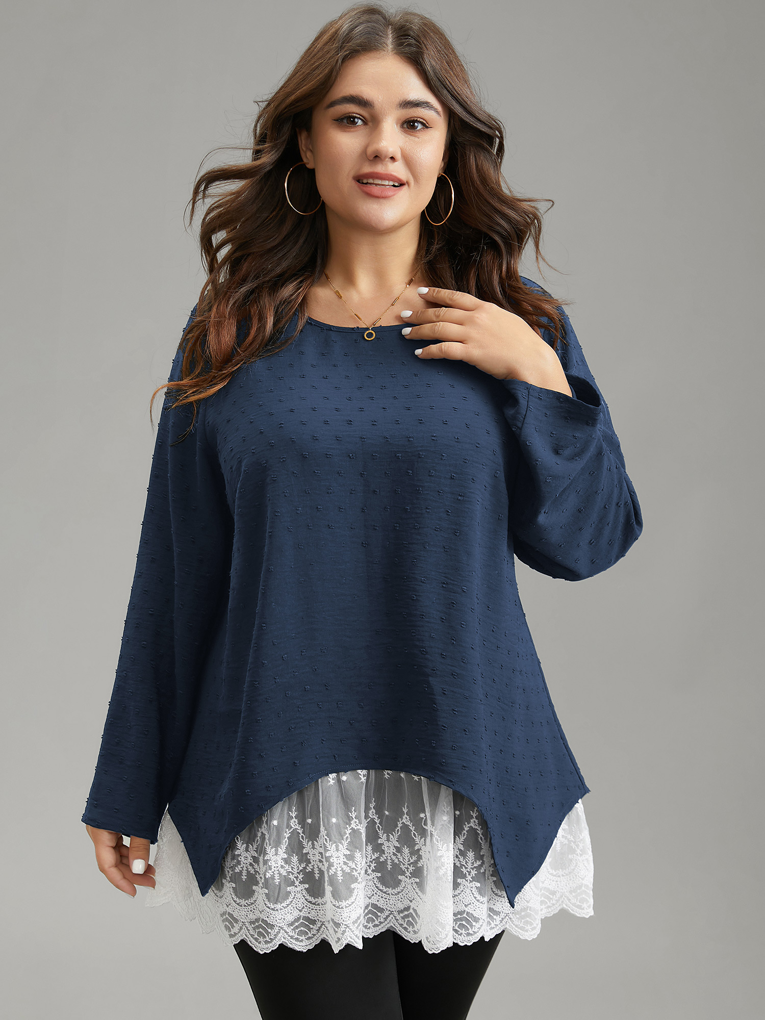 

Plus Size Indigo Crochet Lace Mesh Polka Dot Asymmetrical Hem Blouse Women Elegant Long Sleeve Round Neck Everyday Blouses BloomChic