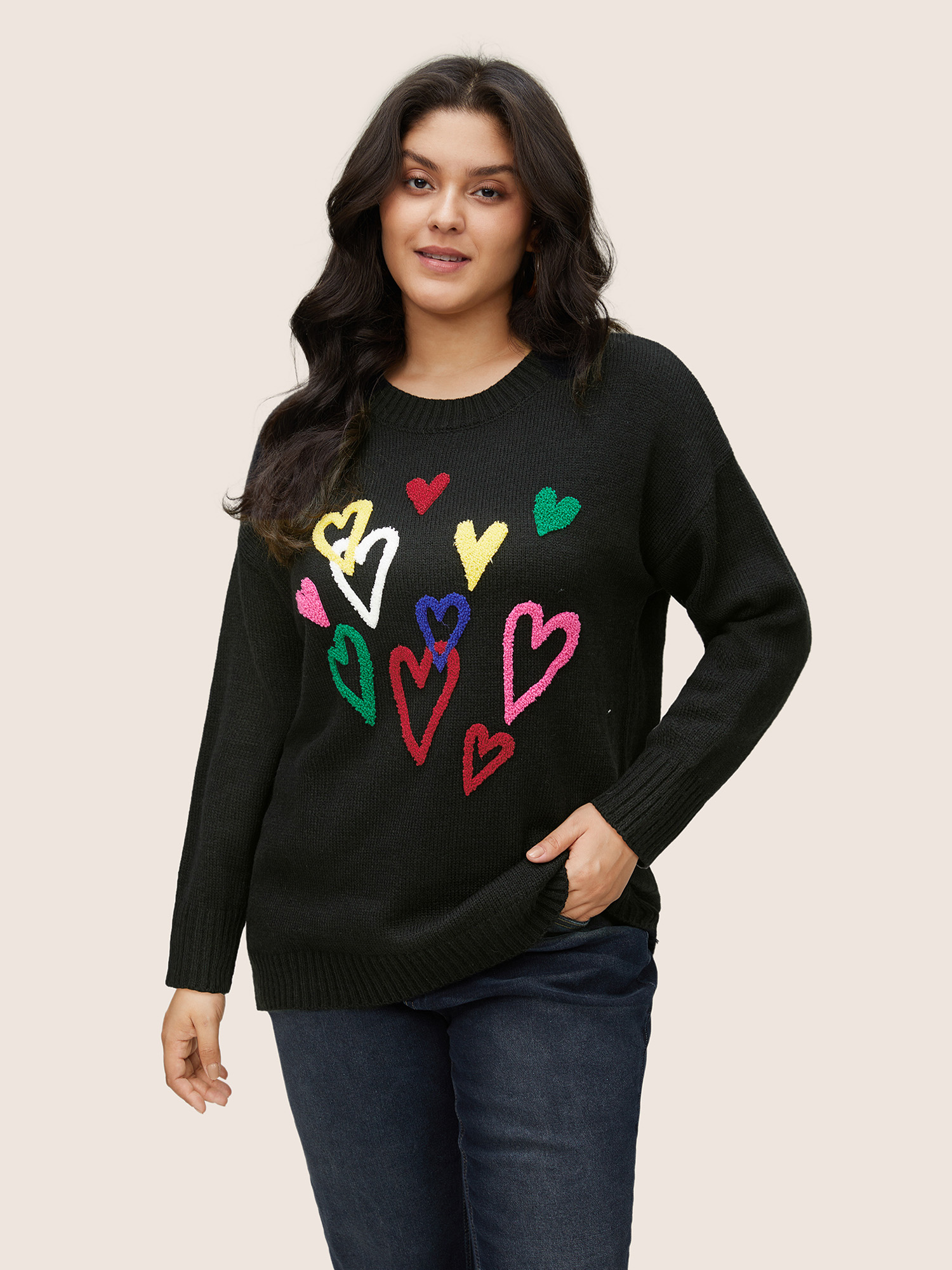 

Plus Size Heart Towel Embroidered Crew Neck Pullover Black Women Casual Loose Long Sleeve Round Neck Dailywear Pullovers BloomChic