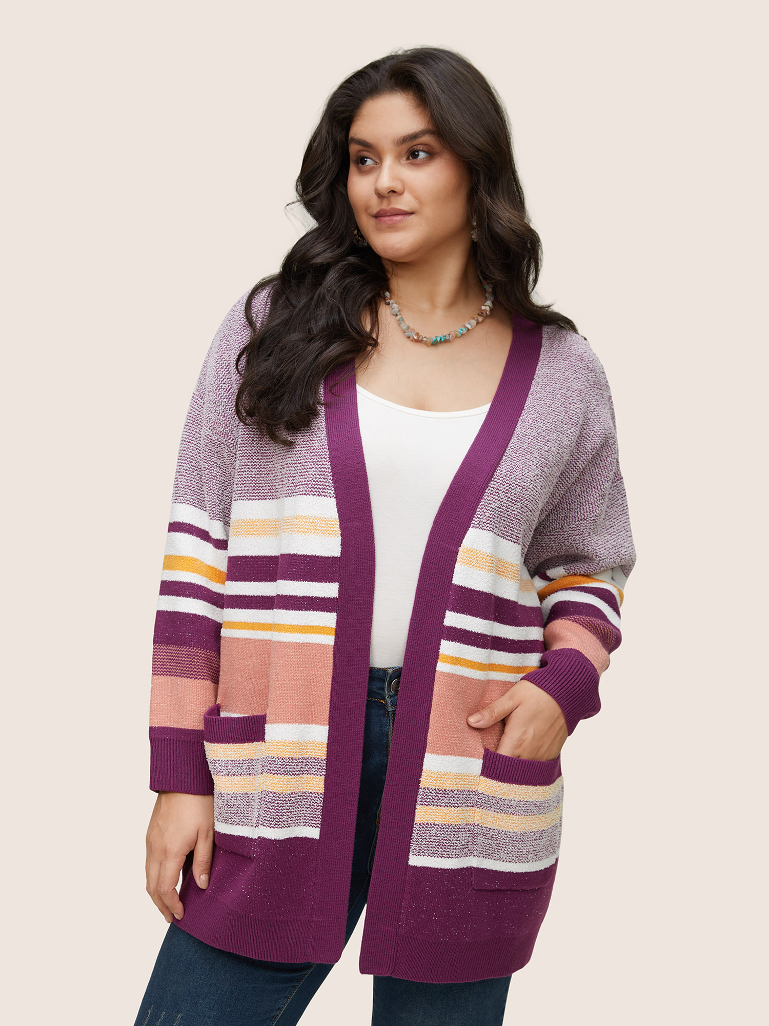 

Plus Size Supersoft Essentials Striped Contrast Open Front Cardigan Purple Women Casual Loose Long Sleeve Dailywear Cardigans BloomChic