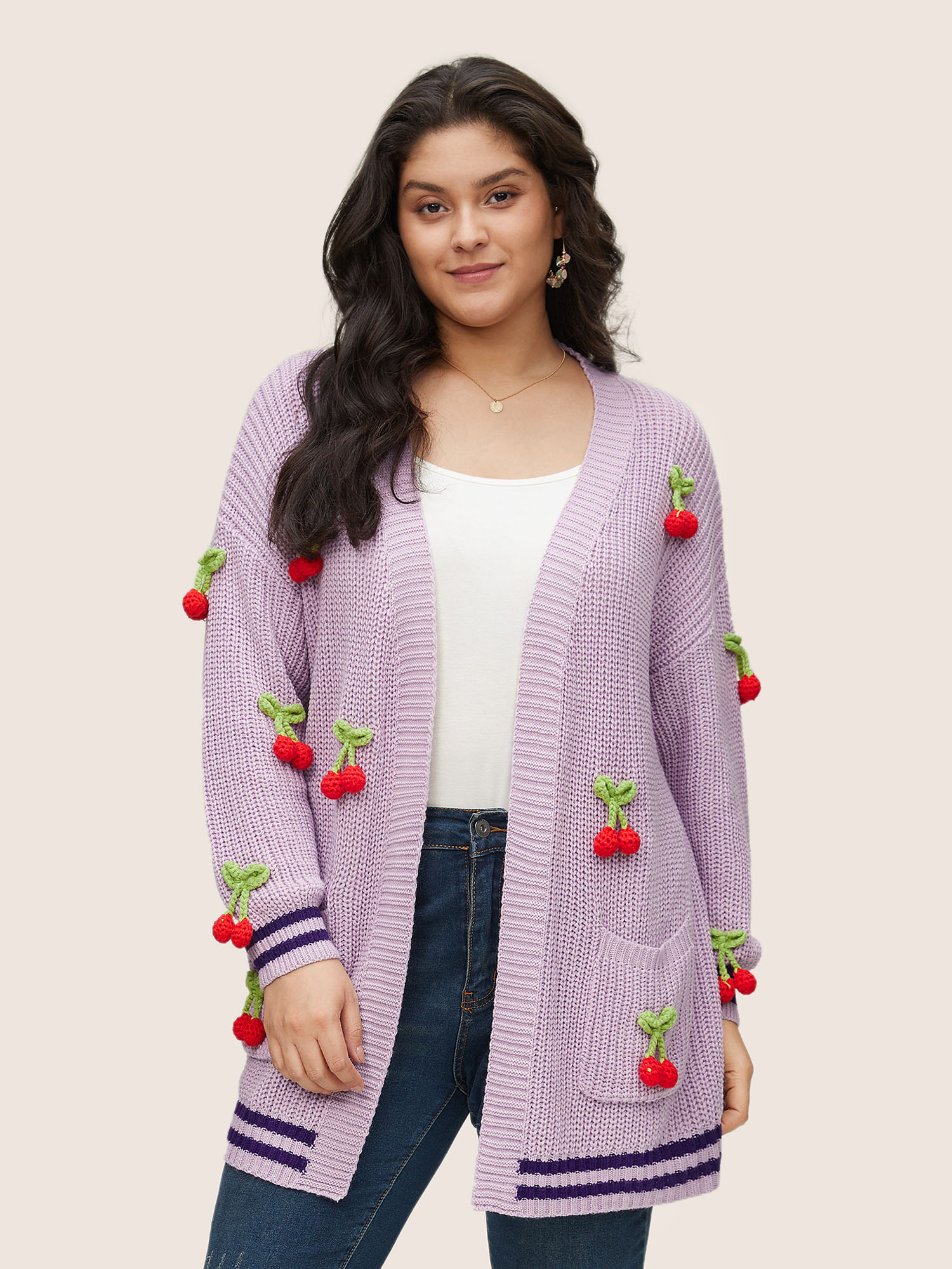 

Plus Size Stereo Cherry Design Striped Patchwork Cardigan Lilac Women Casual Loose Long Sleeve Everyday Cardigans BloomChic