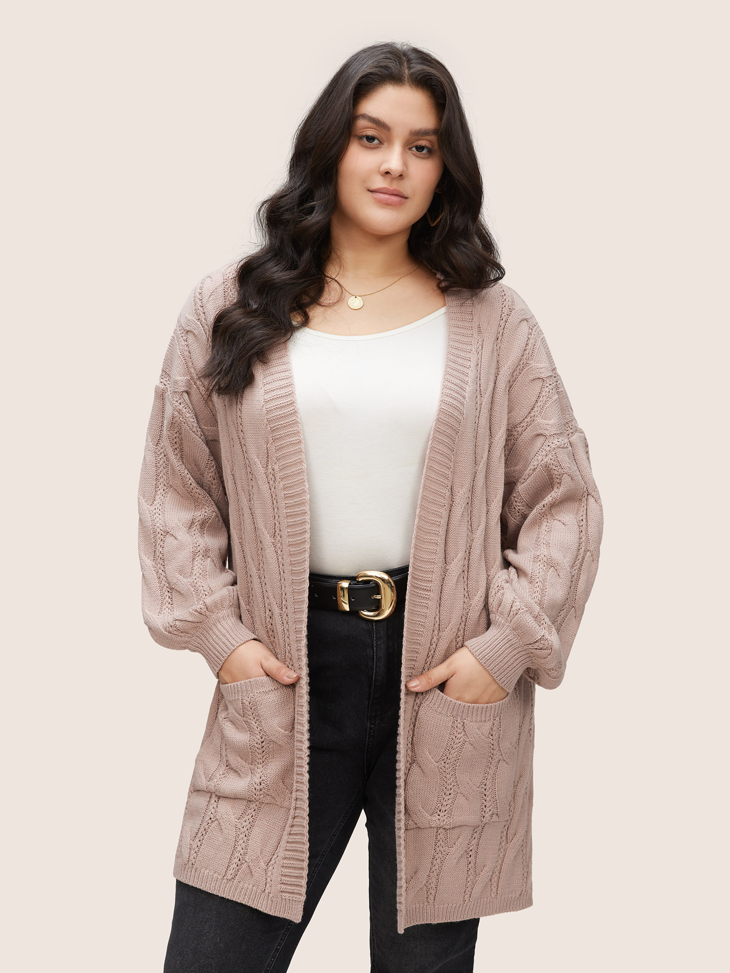 

Plus Size Cable Knit Solid Open Front Split Hem Cardigan MistyRose Women Casual Loose Long Sleeve Everyday Cardigans BloomChic