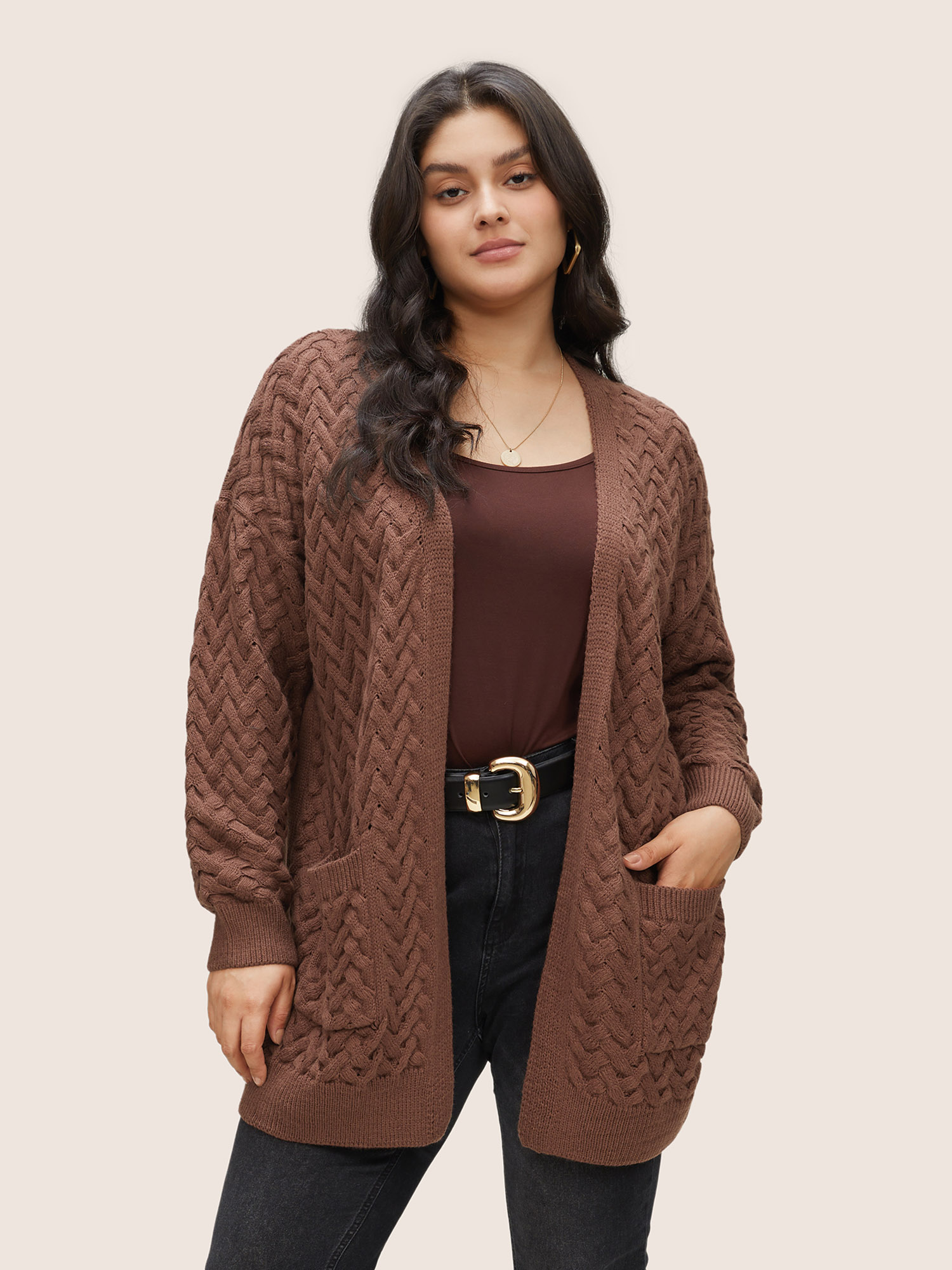 

Plus Size Solid Open Front Pocket Crochet Cardigan Burgundy Women Casual Loose Long Sleeve Dailywear Cardigans BloomChic