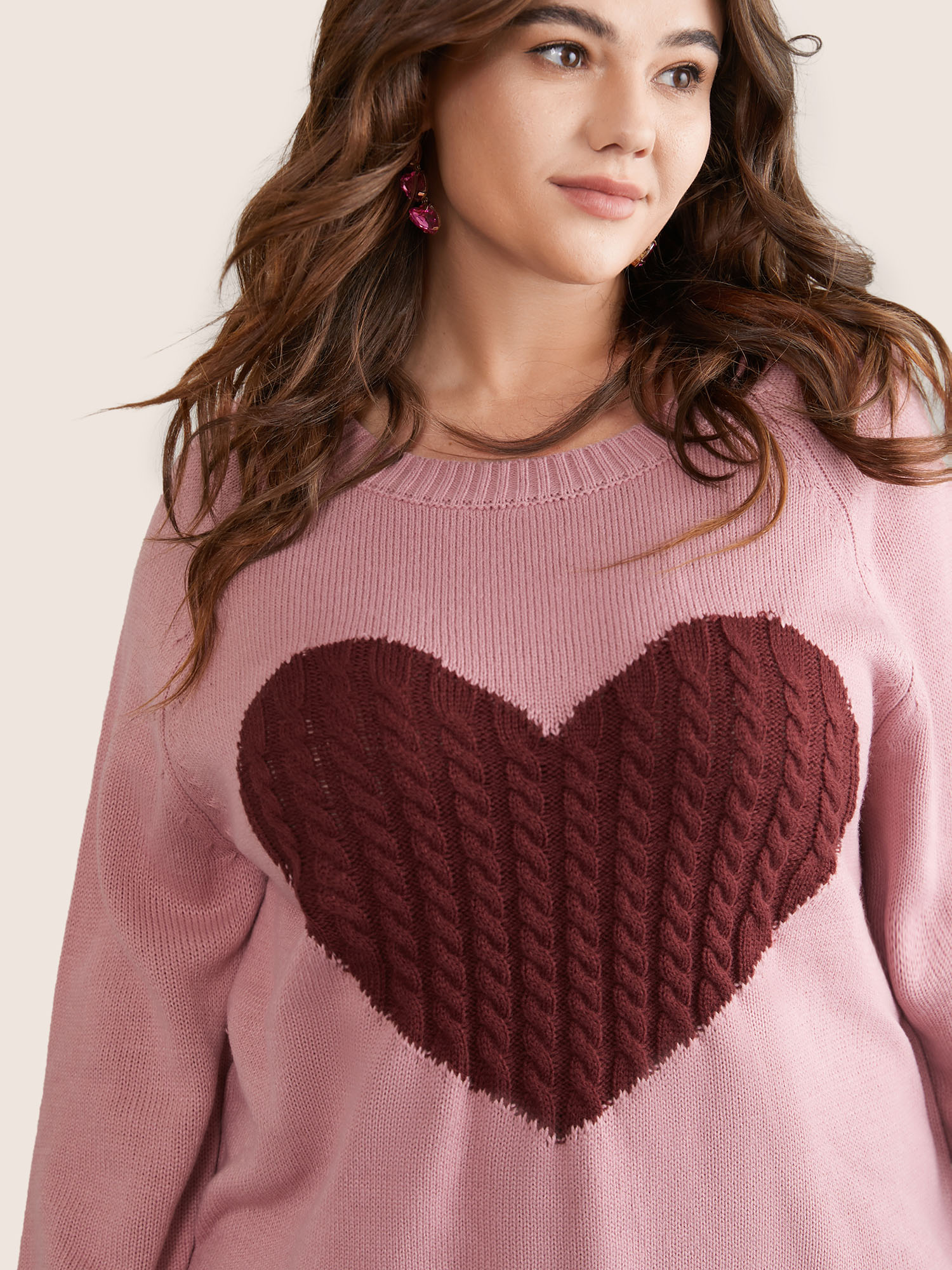 

Plus Size Heart Cable Knit Two Tone Raglan Sleeve Pullover DustyPink Women Casual Long Sleeve Round Neck Everyday Pullovers BloomChic