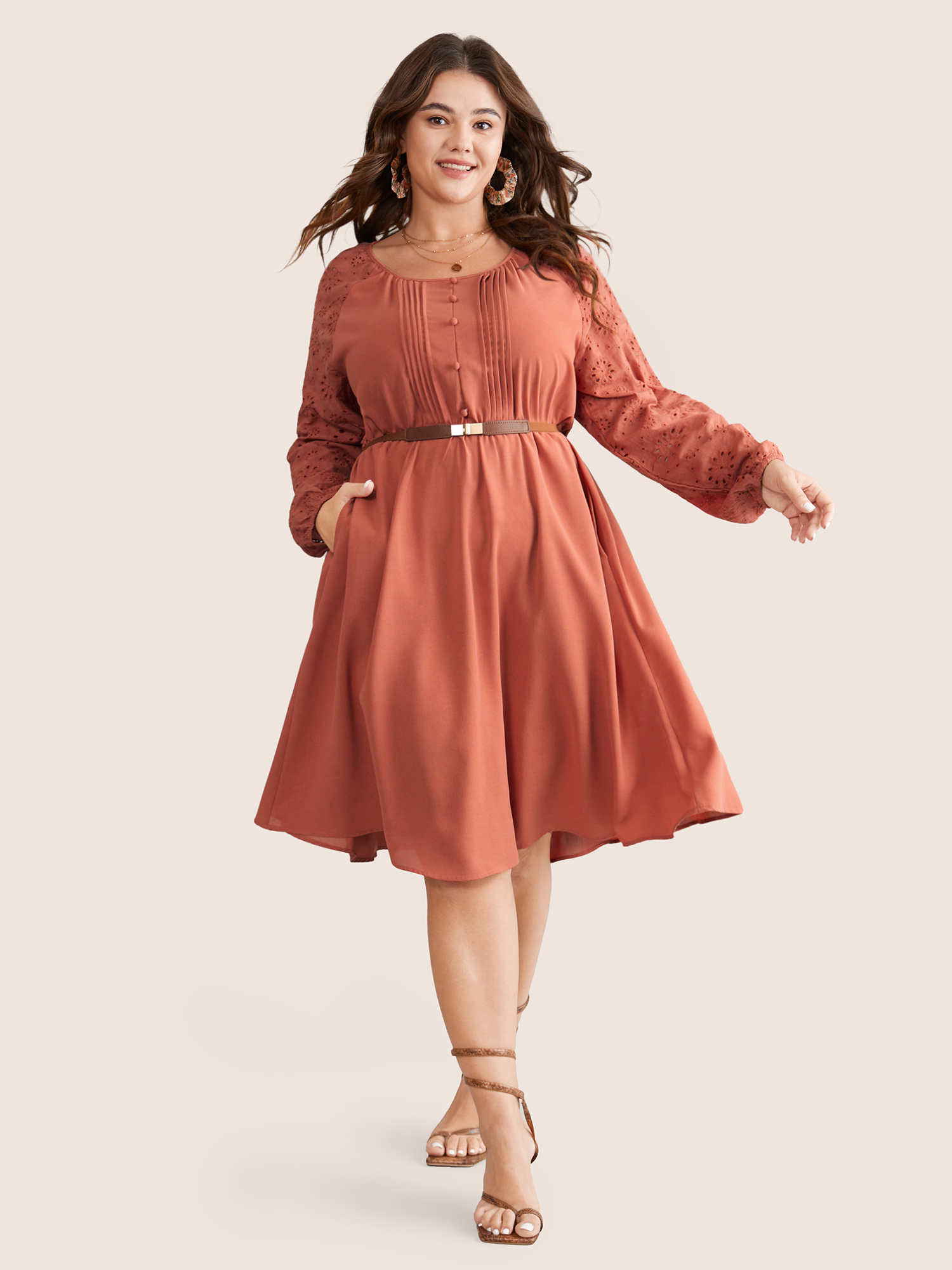 

Plus Size Pleated Laser Cut Button Front Dress Coral Women Vacation Elastic cuffs Round Neck Long Sleeve Curvy Knee Dress BloomChic