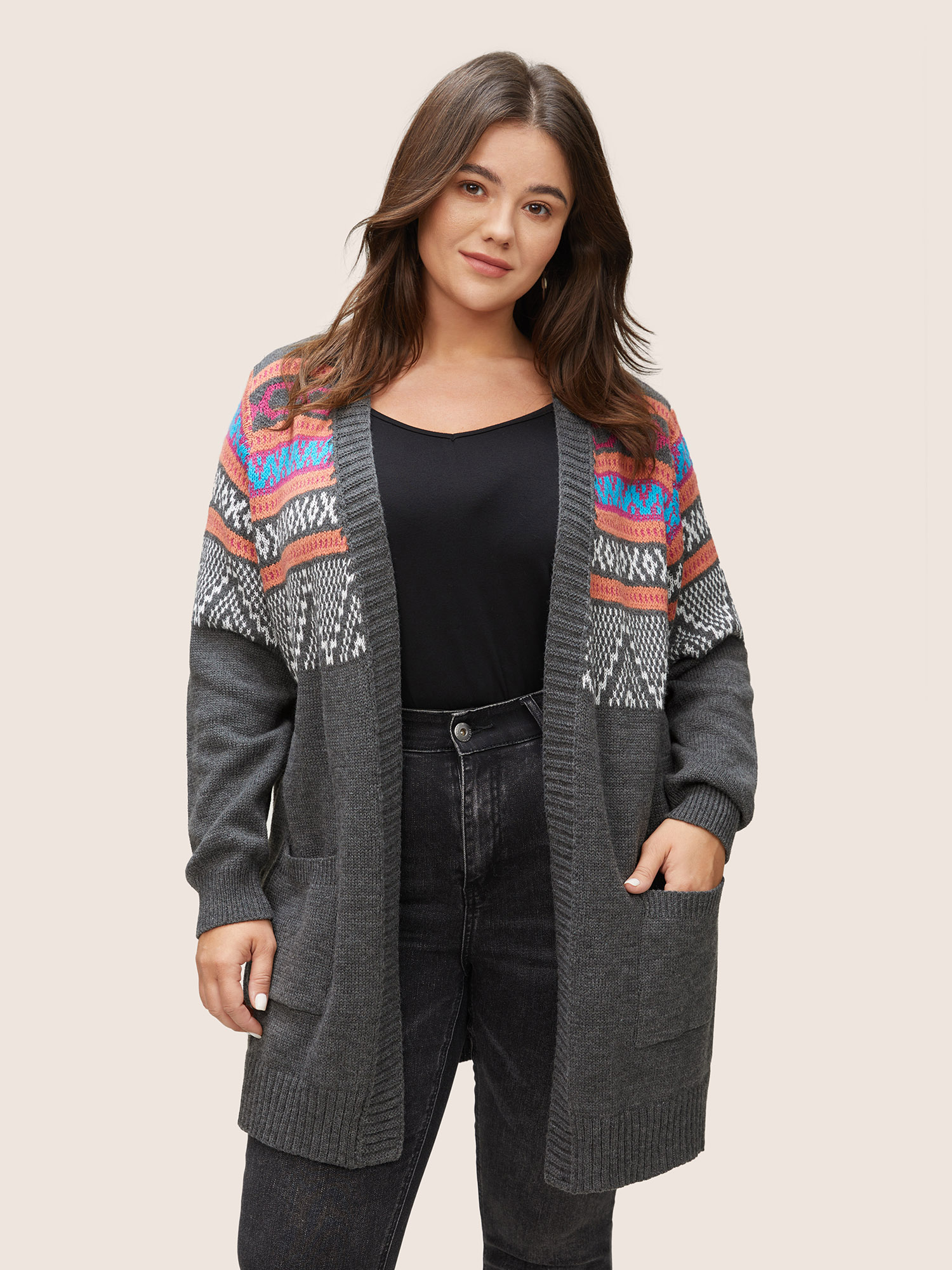 

Plus Size Boho Contrast Jacquard Patched Pocket Cardigan Multicolor Women Casual Loose Long Sleeve Dailywear Cardigans BloomChic