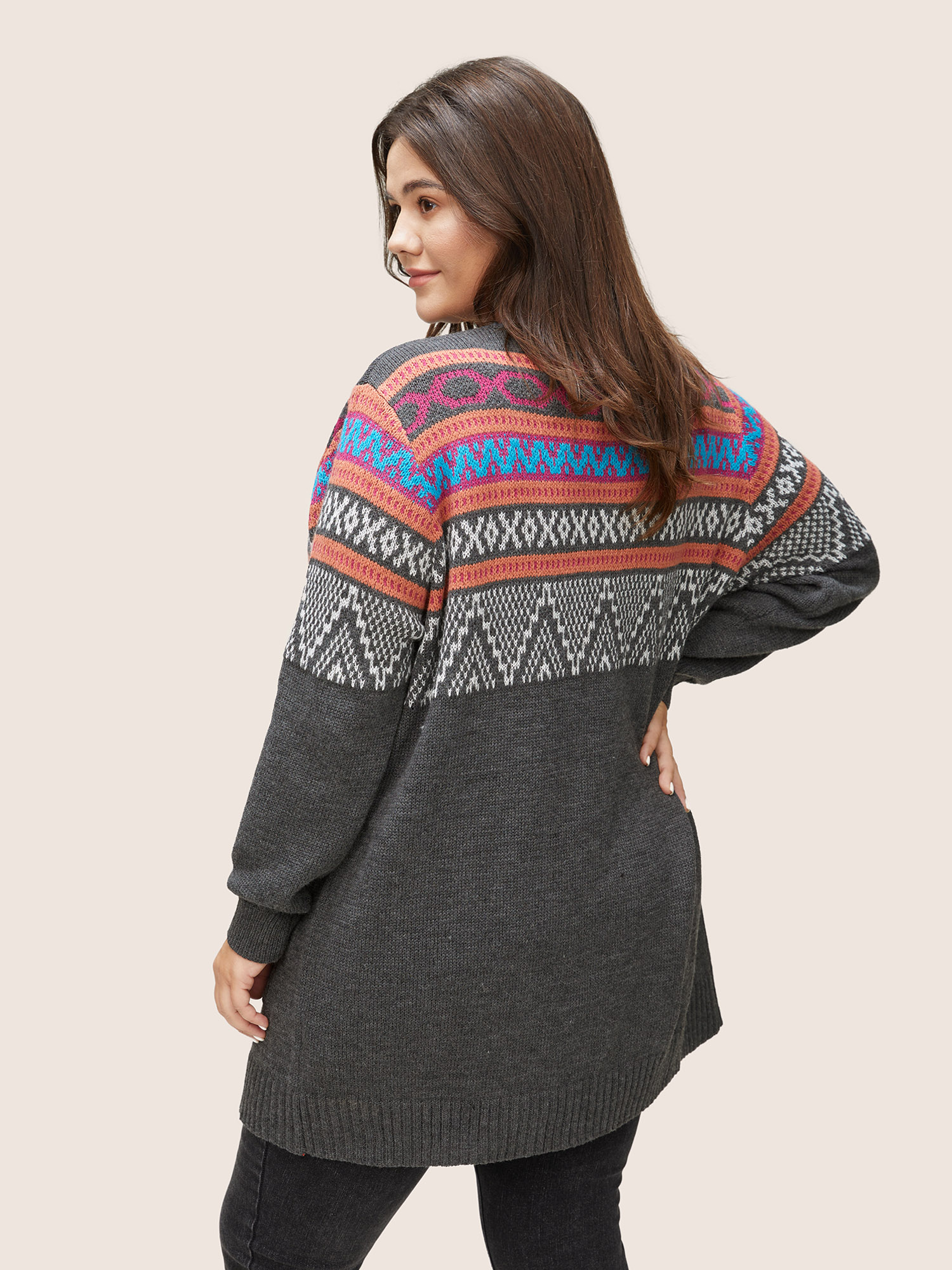 Plus Size Cardigans | Boho Contrast Jacquard Patched Pocket Cardigan | BloomChic 
