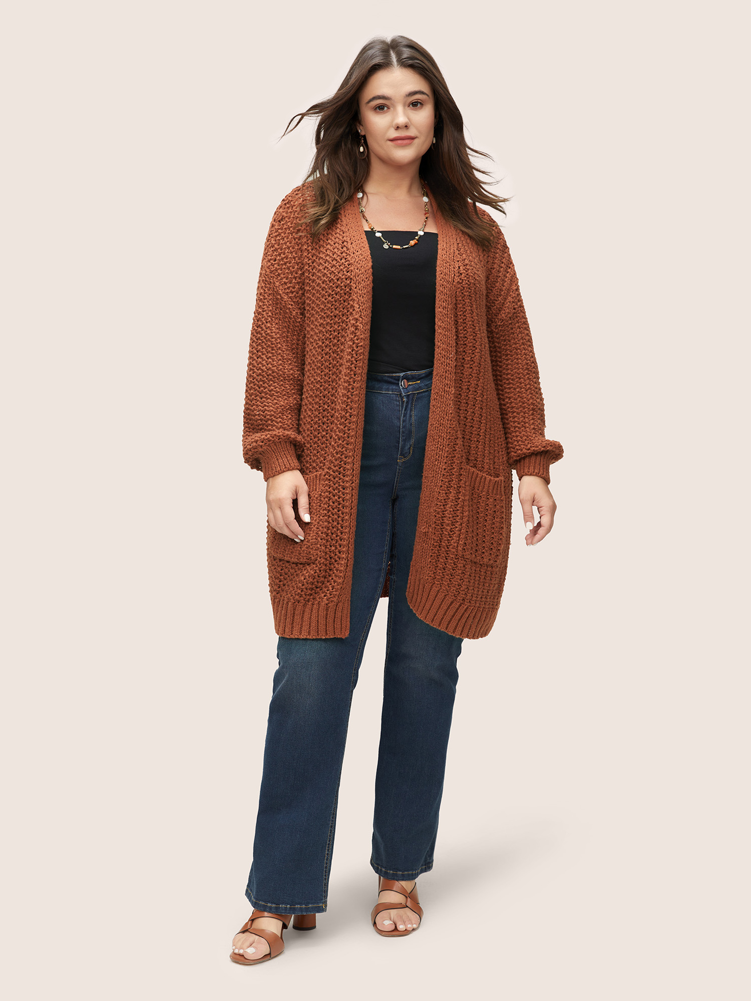 

Plus Size Plain Dual Pocket Open Front Cardigan Chocolate Women Casual Loose Long Sleeve Dailywear Cardigans BloomChic