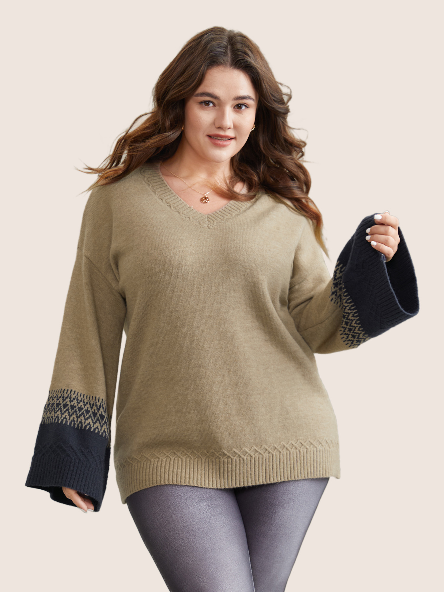 

Plus Size Supersoft Essentials Contrast Bell Sleeve Pullover Tan Women Casual Loose Long Sleeve V-neck Dailywear Pullovers BloomChic
