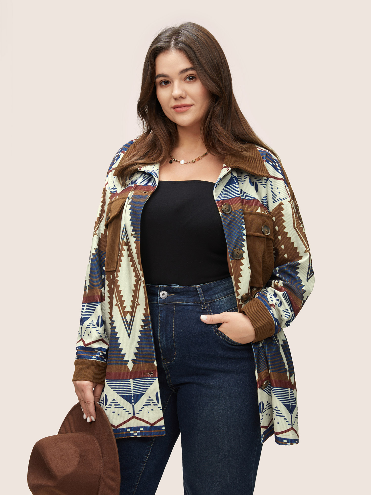 

Plus Size Geometric Patchwork Corduroy Patched Pocket Jacket Women DarkBrown Lined Pocket Everyday Jackets BloomChic
